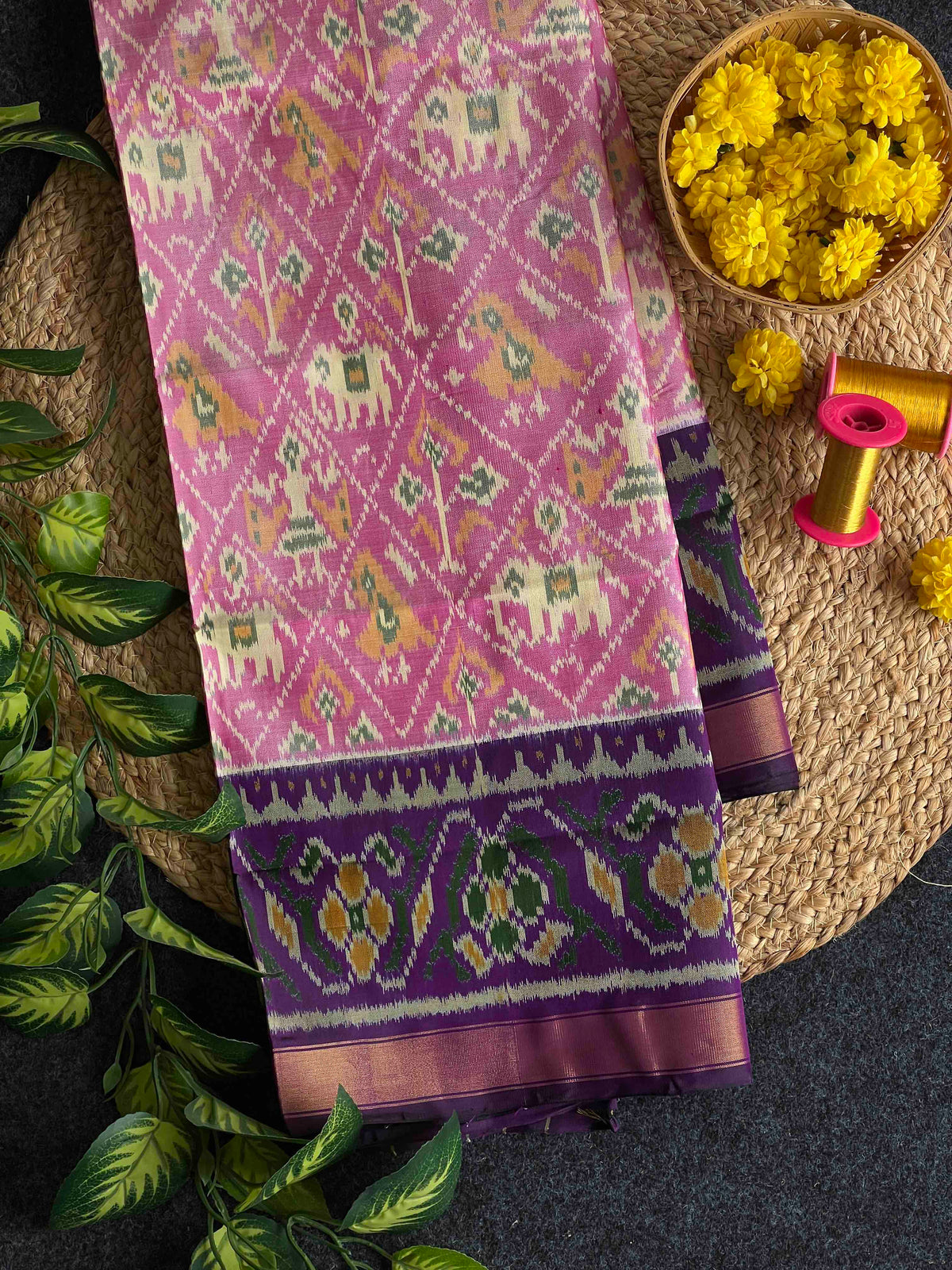 Baby Pink With Dark Purple Narikunj Design Hand Woven Rajkot Patola Silk Saree