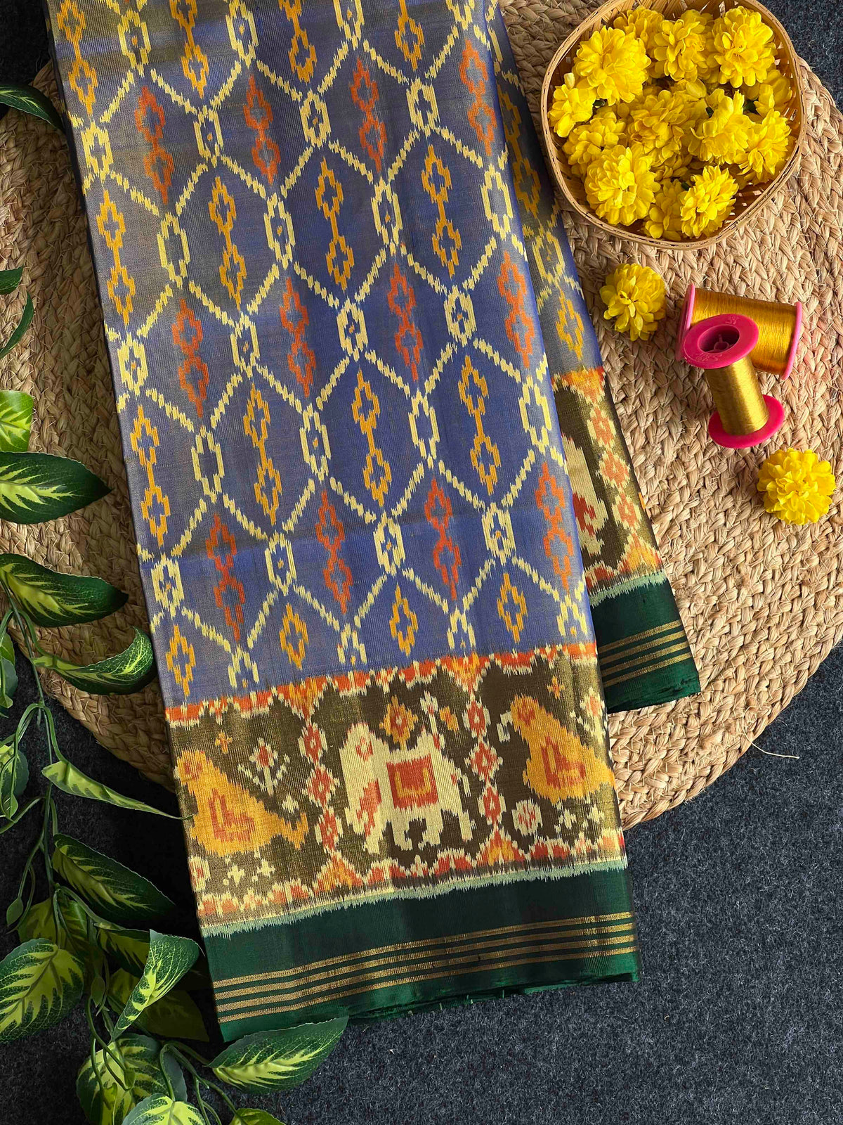 Sky Blue With Green Hand Woven Rajkot Patola Silk Saree