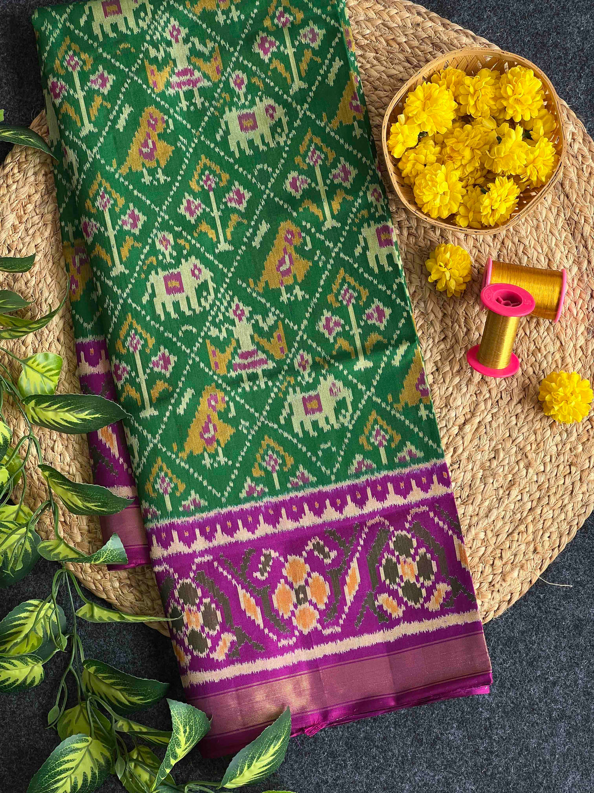 Green With Purple Narikunj Design Hand Woven Rajkot Patola Silk Saree