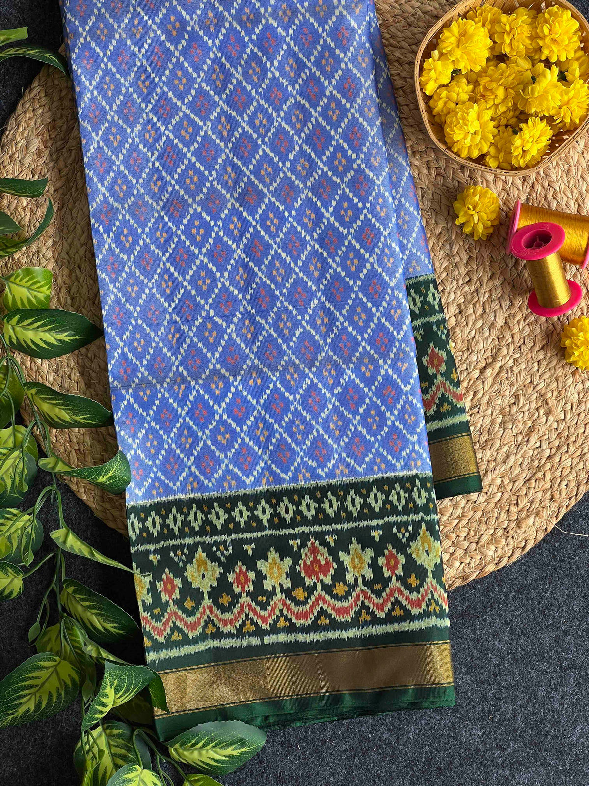 Sky Blue With Green Daliya Bhat Hand Woven Rajkot Patola Silk Saree