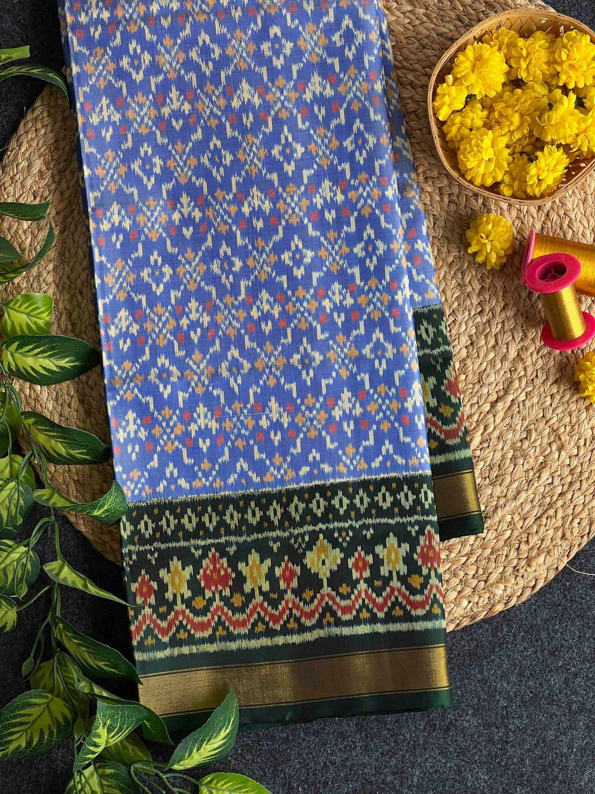 Sky Blue With Green Button Bhat Hand Woven Rajkot Patola Silk Saree