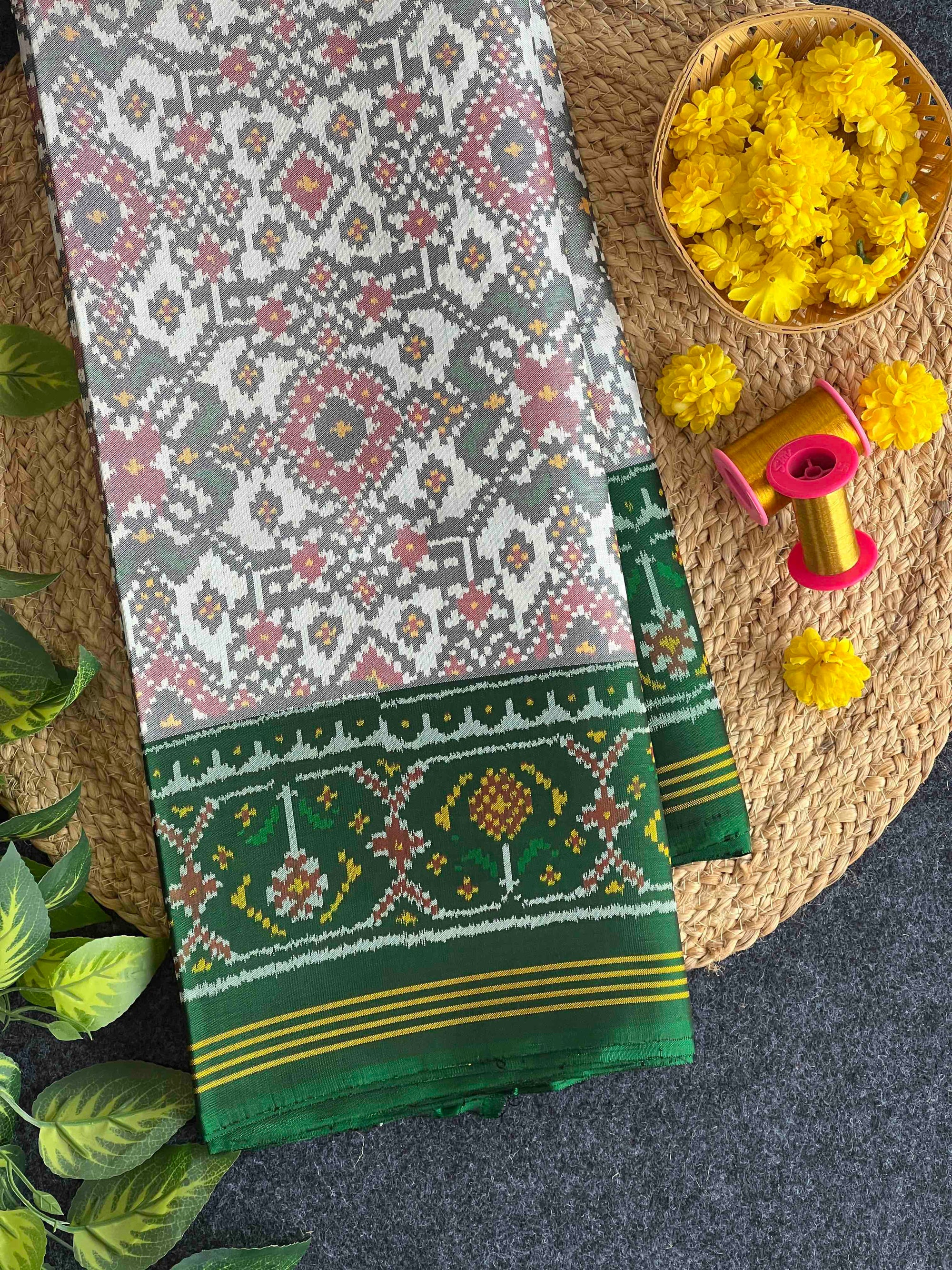 White & Green Hand Woven Rajkot Ikat Patola Silk Saree