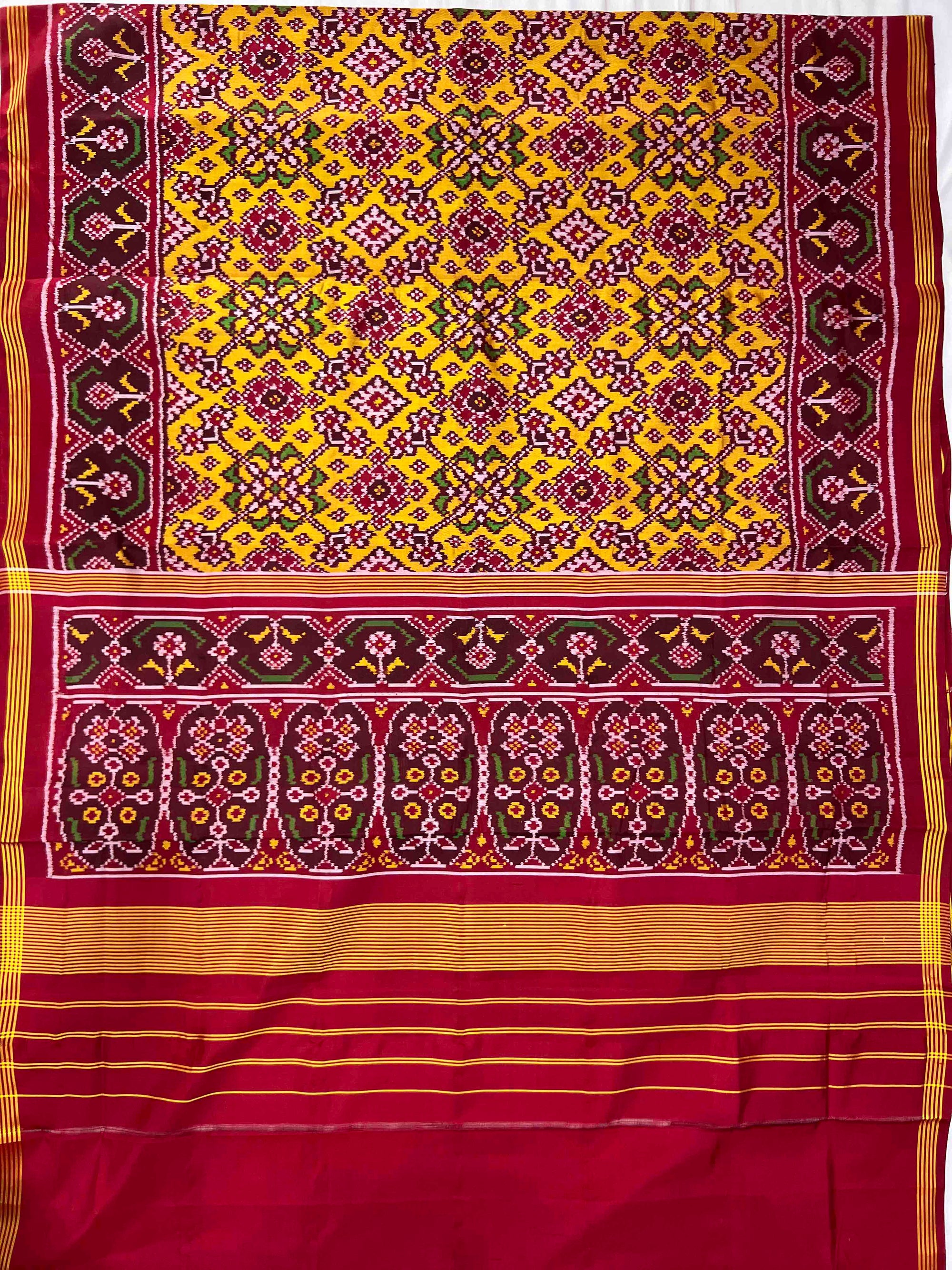 Musturd Yellow Navratan Hand Woven Rajkot Ikat Patola Silk Saree