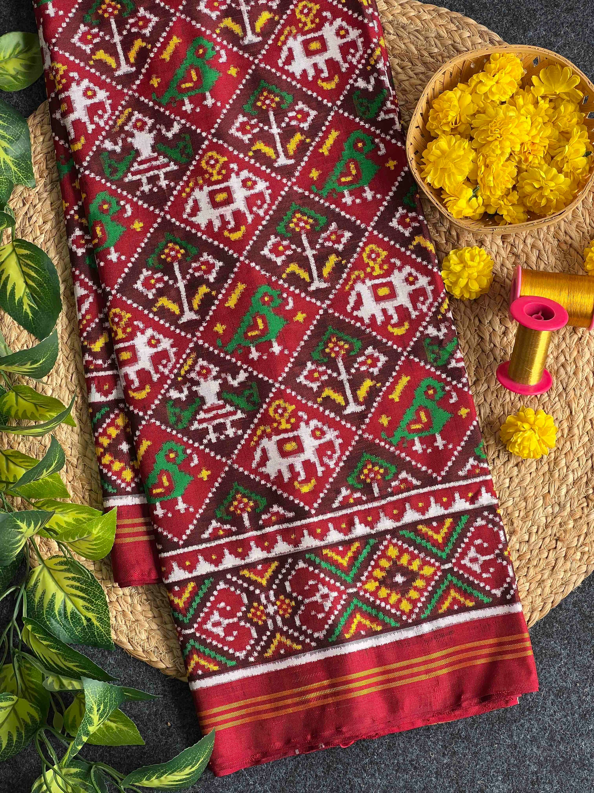 Red & Maroon Narikunj Design Pure Hand Woven Double Ikat Patola Silk Saree