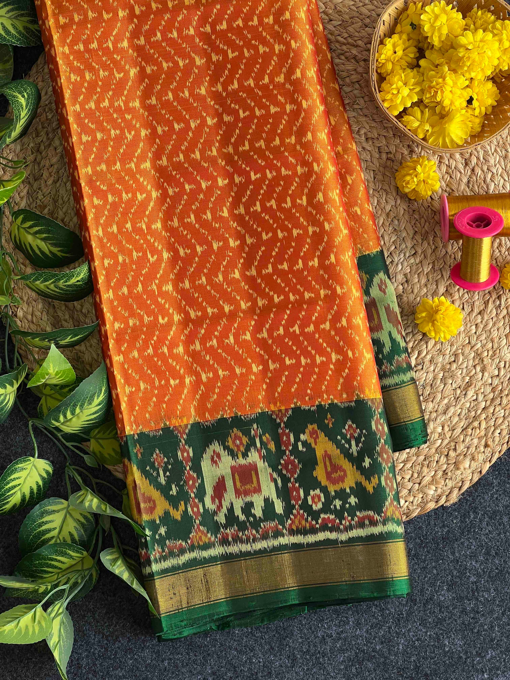 Yellow & Green Hand Woven Rajkot Patola Silk Saree
