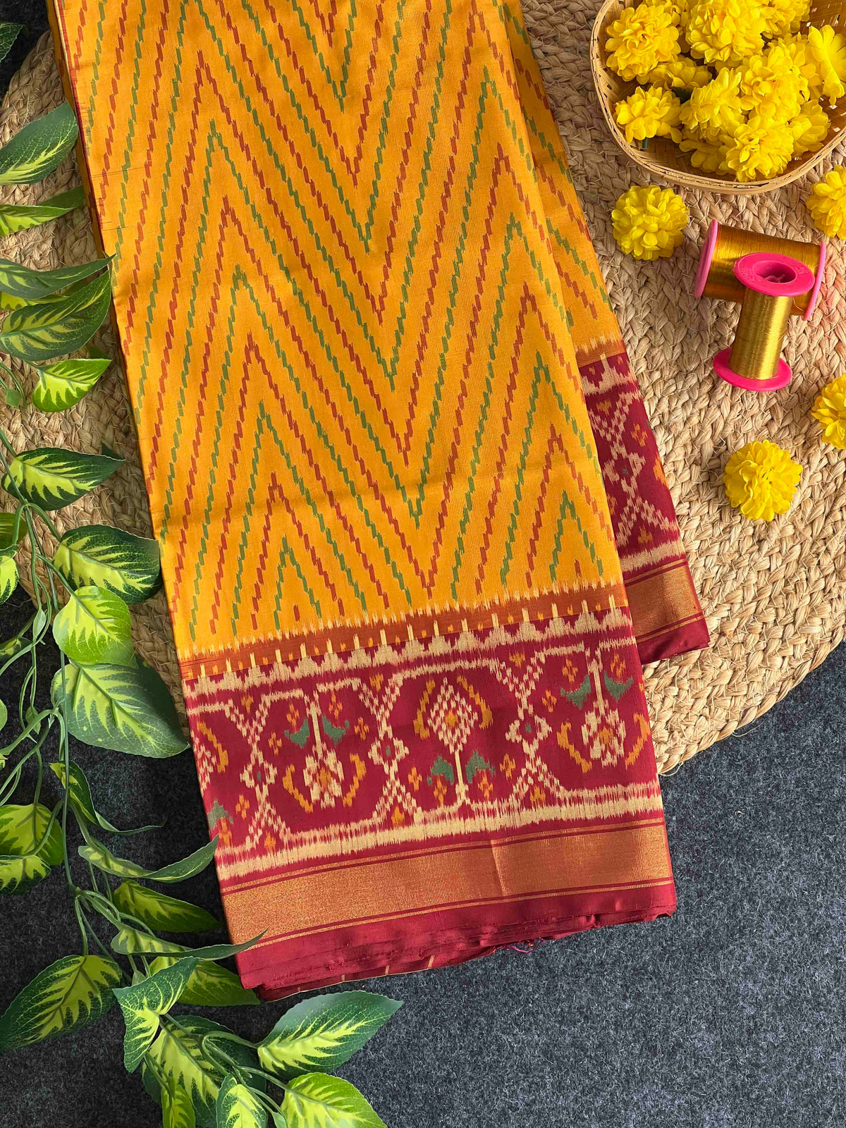 Yellow & Red Maroon Laheriya Design Hand Woven Rajkot Patola Silk Saree