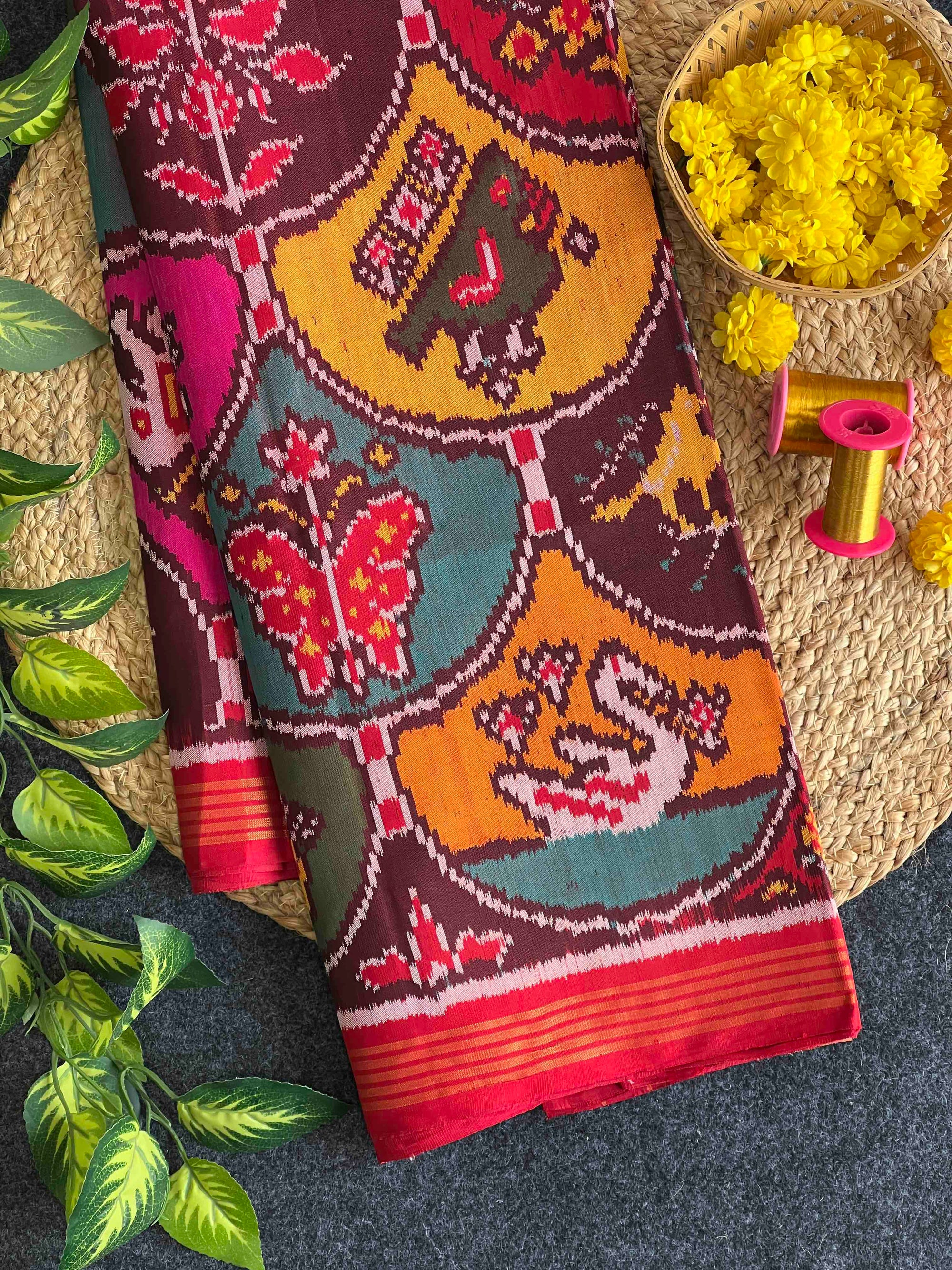Multi Color Big Motifs Design Hand Woven Rajkot Ikat Patola Silk Saree