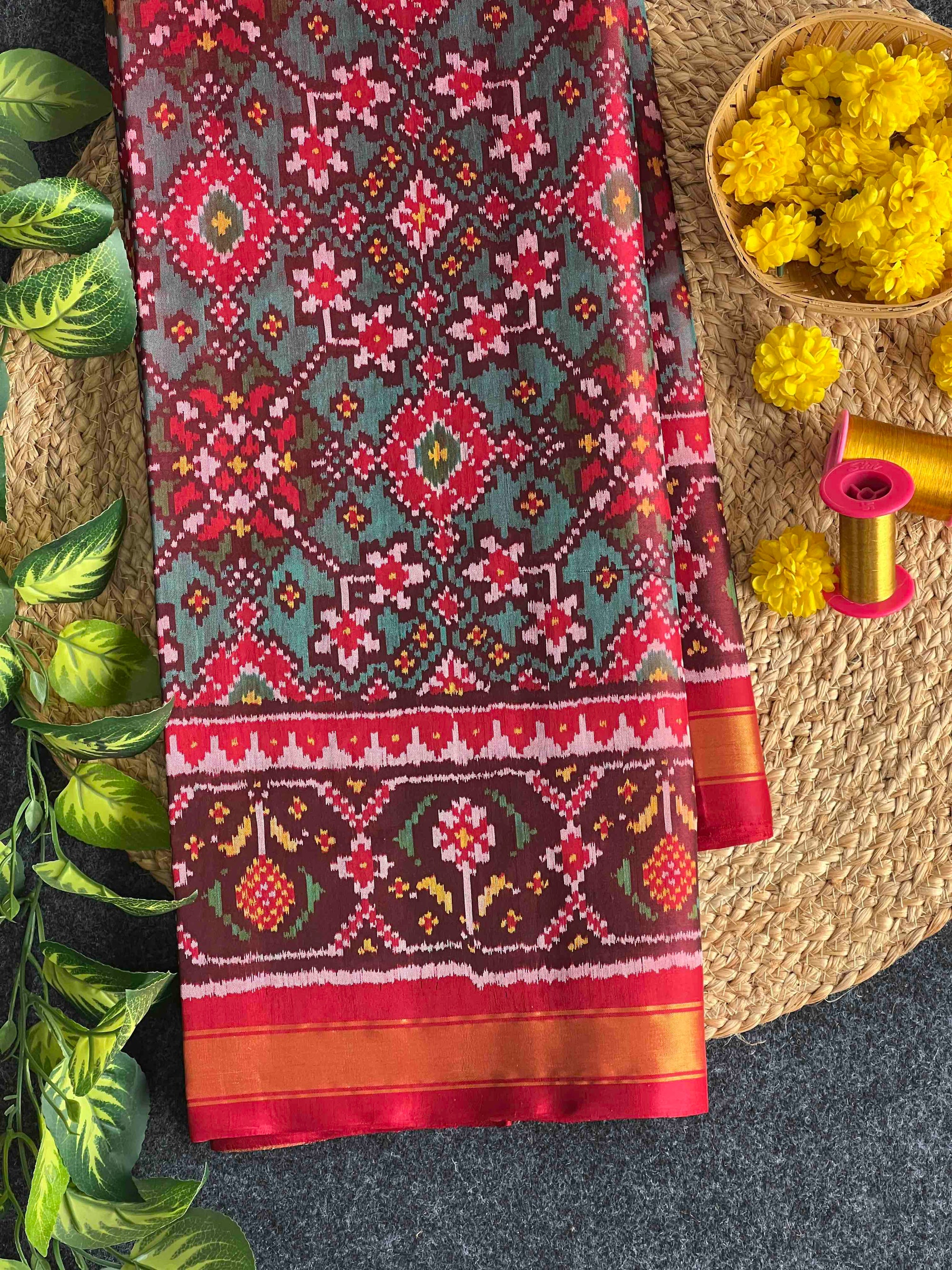 Sea Green With Red Navratan Design Hand Woven Rajkot Patola Silk Saree