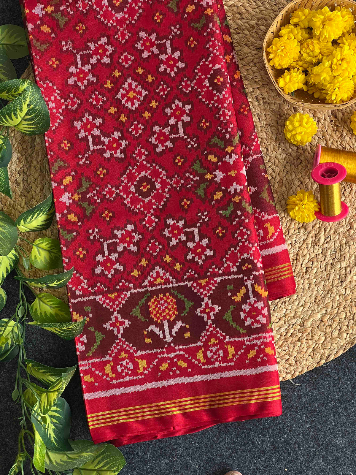 Full Red Navratan Design Hand Woven Rajkot Ikat Patola Silk Saree