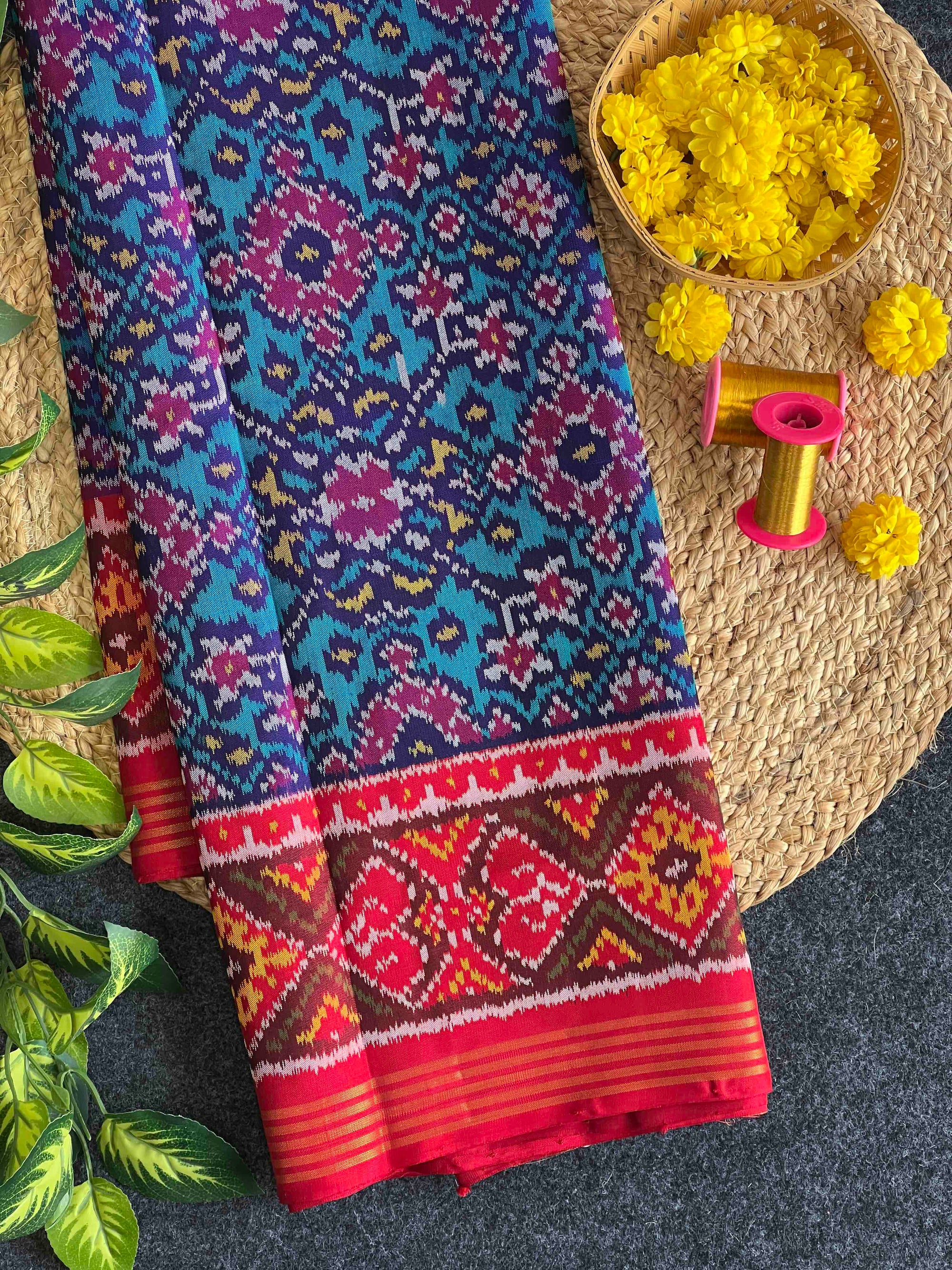 Sky Blue With Red Navratan Design Hand Woven Rajkot Ikat Patola Silk Saree