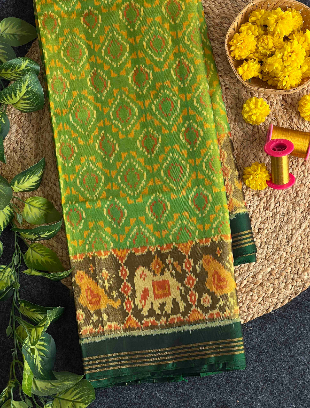 Parrot Green With Dark Green Small Design Hand Woven Rajkot Patola Silk Saree