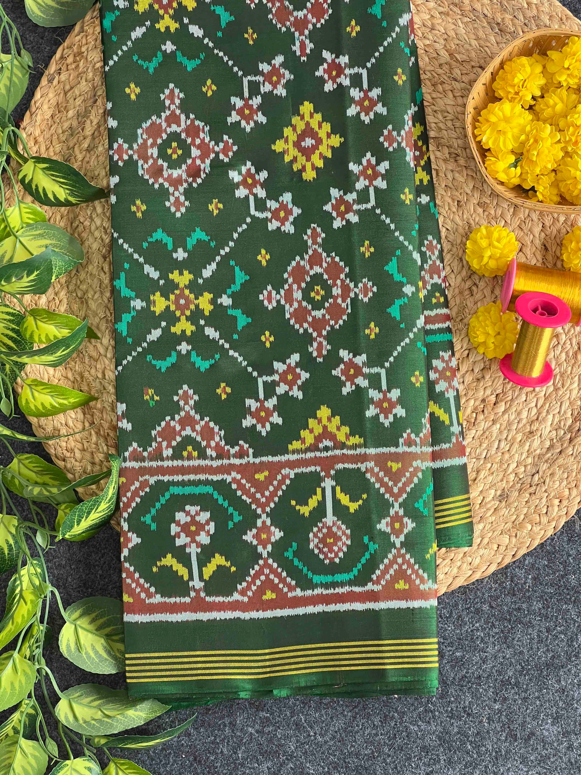 Full Green Navratan Hand Woven Rajkot Ikat Patola Silk Saree
