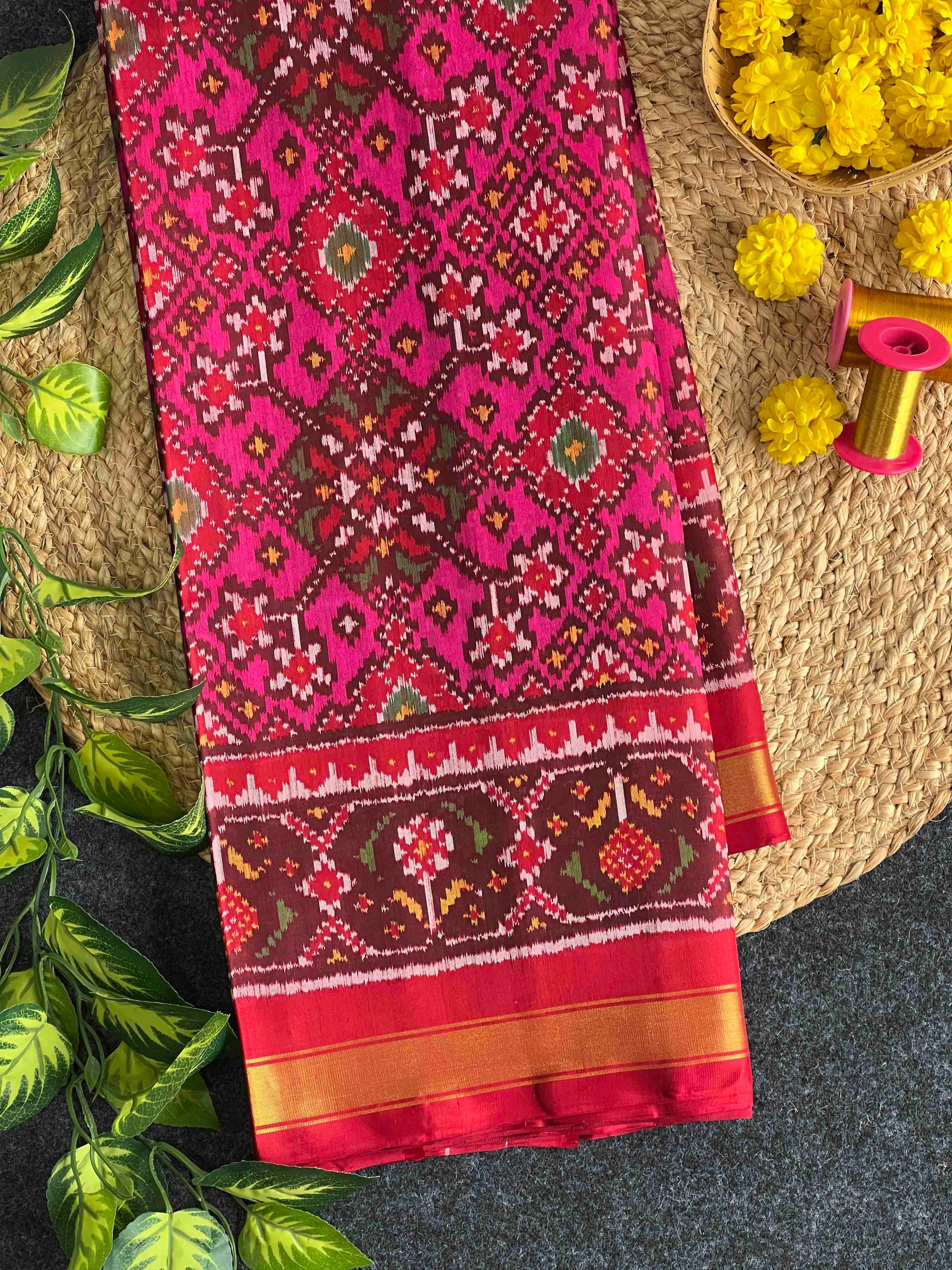 Pink With Maroon Navratan Hand Woven Rajkot Patola Silk Saree