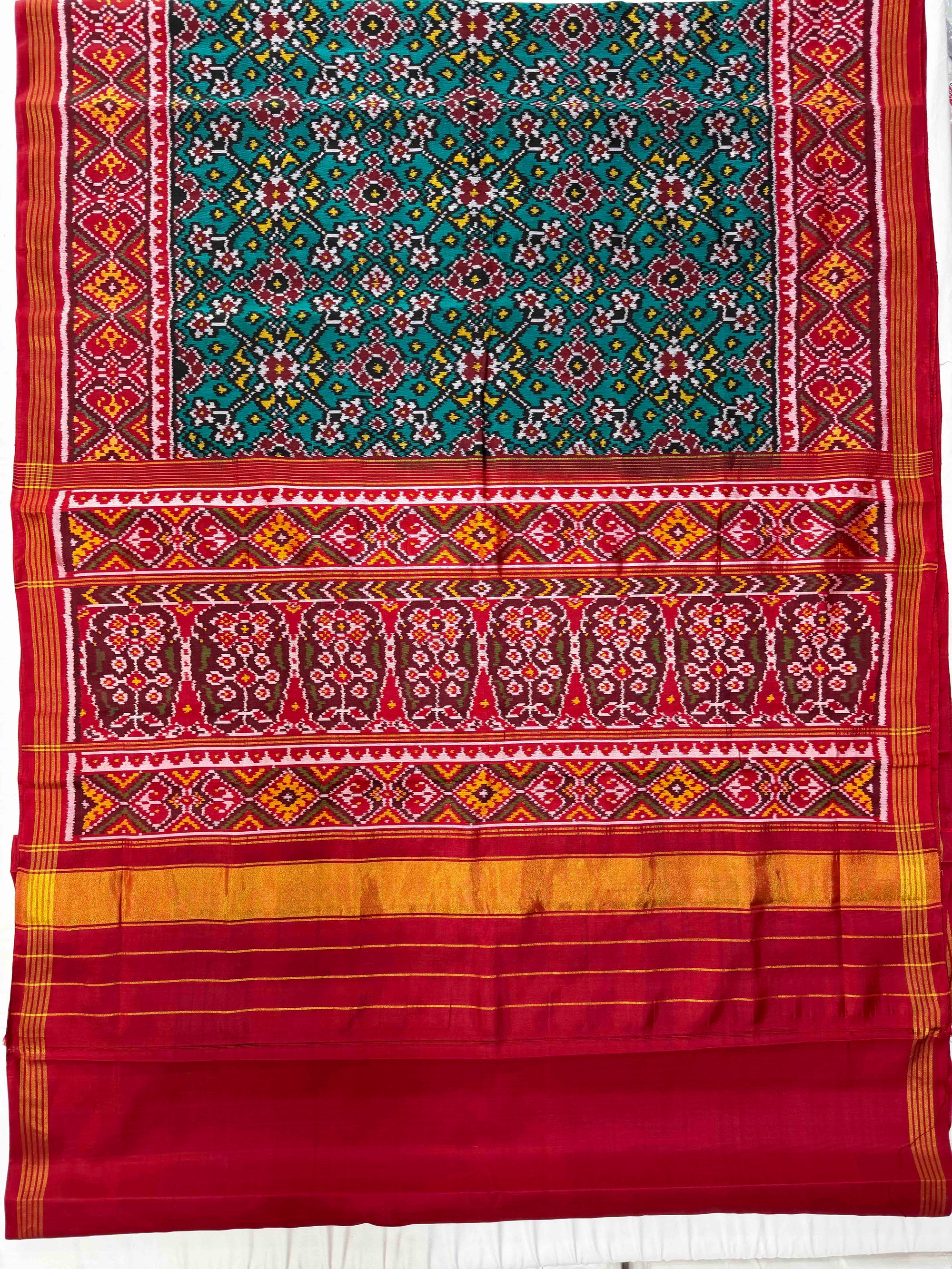 Sea Green & Red Navratan Design Rajkot Ikat Patola Silk Saree