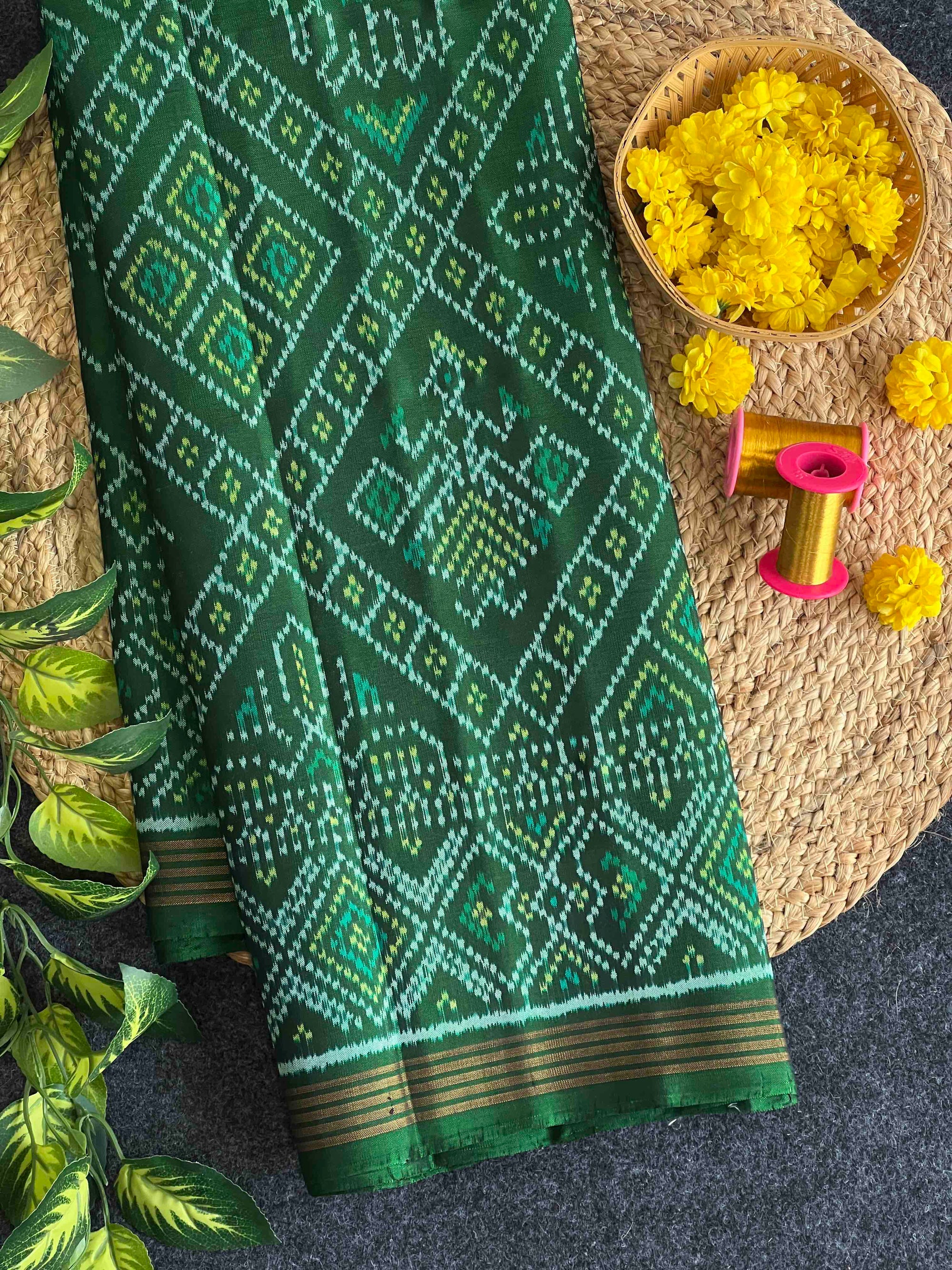 Green Bandhej Design Hand Woven Rajkot Ikat Patola Silk Saree