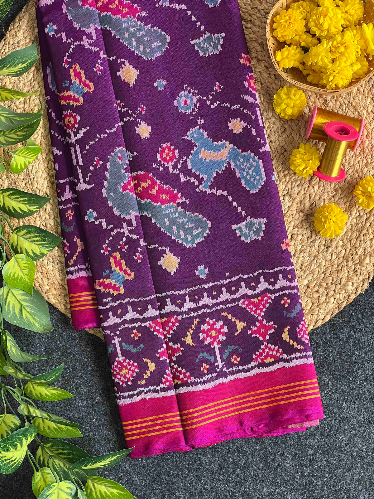 Full Purple Fancy Design Hand Woven Rajkot Ikat Patola Silk Saree