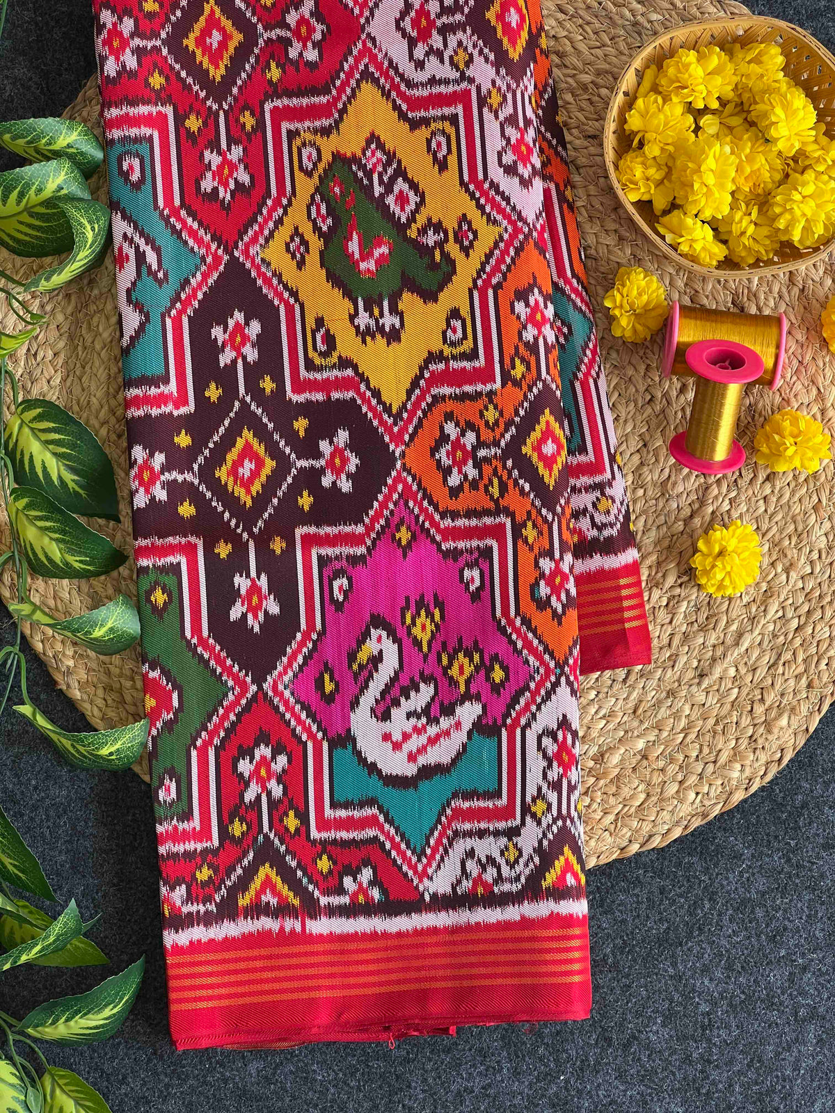 Multi Color Star Design Hand Woven Rajkot Twill Ikat Patola Silk Saree