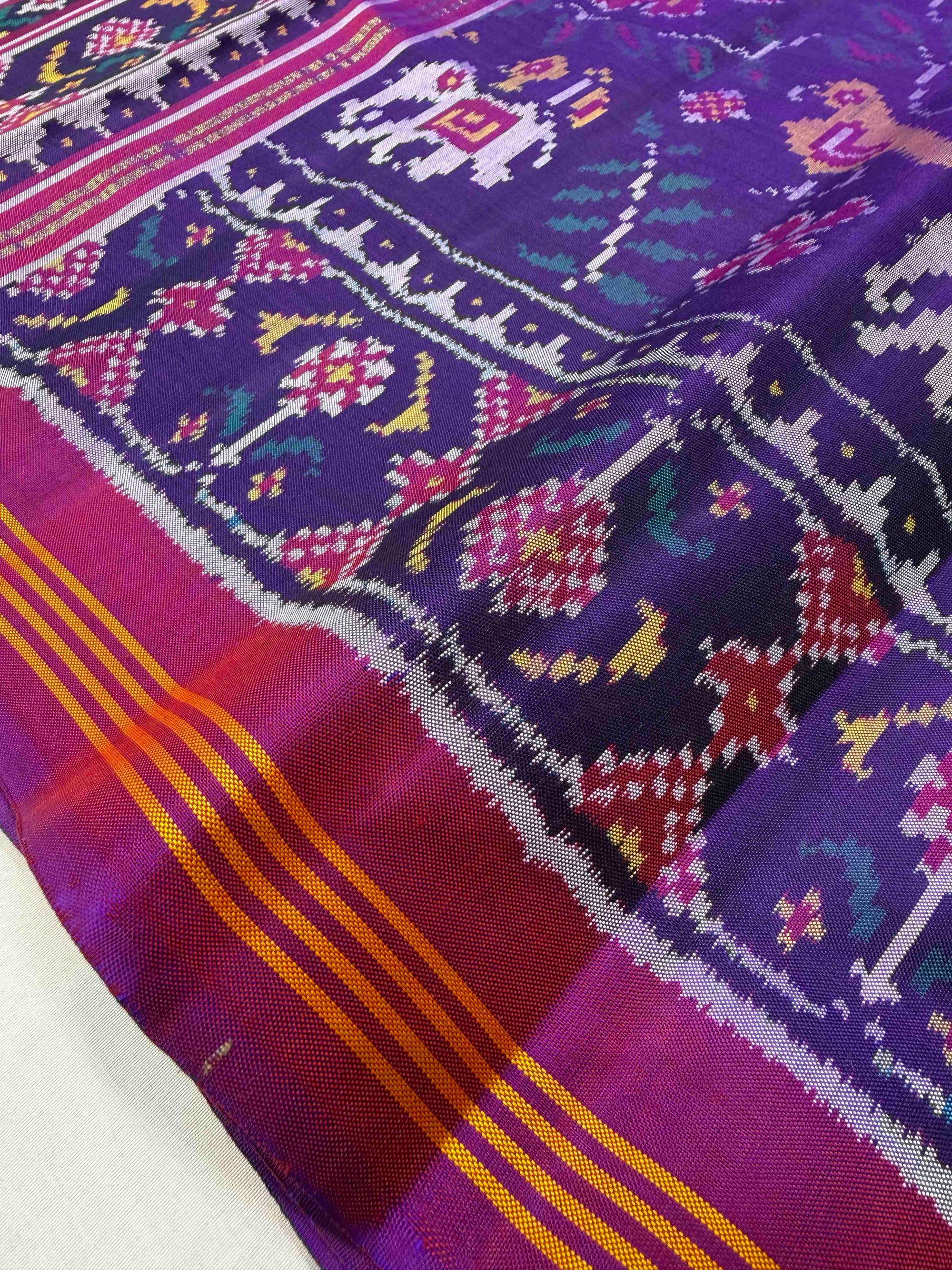 Full Purple Fancy Small Motifs Design Hand Woven Ikat Patola Silk Saree