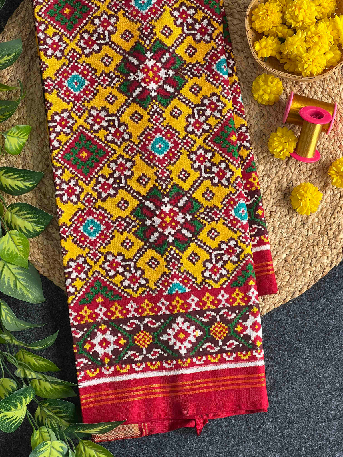 Yellow With Red Navratan Design Pure Hand Woven Double Ikat Patola Silk Saree