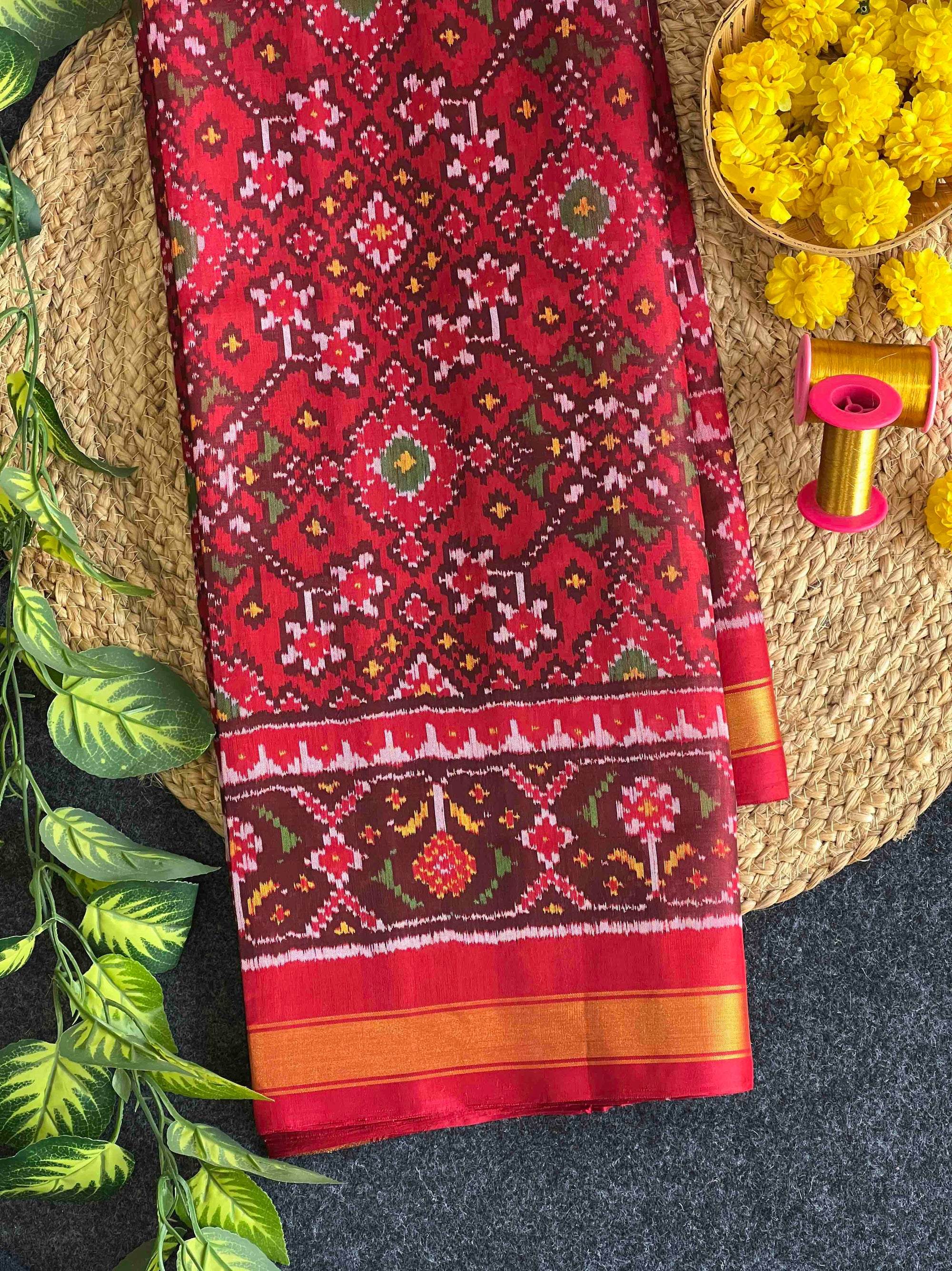 Red Navratan Hand Woven Rajkot Patola Silk Saree