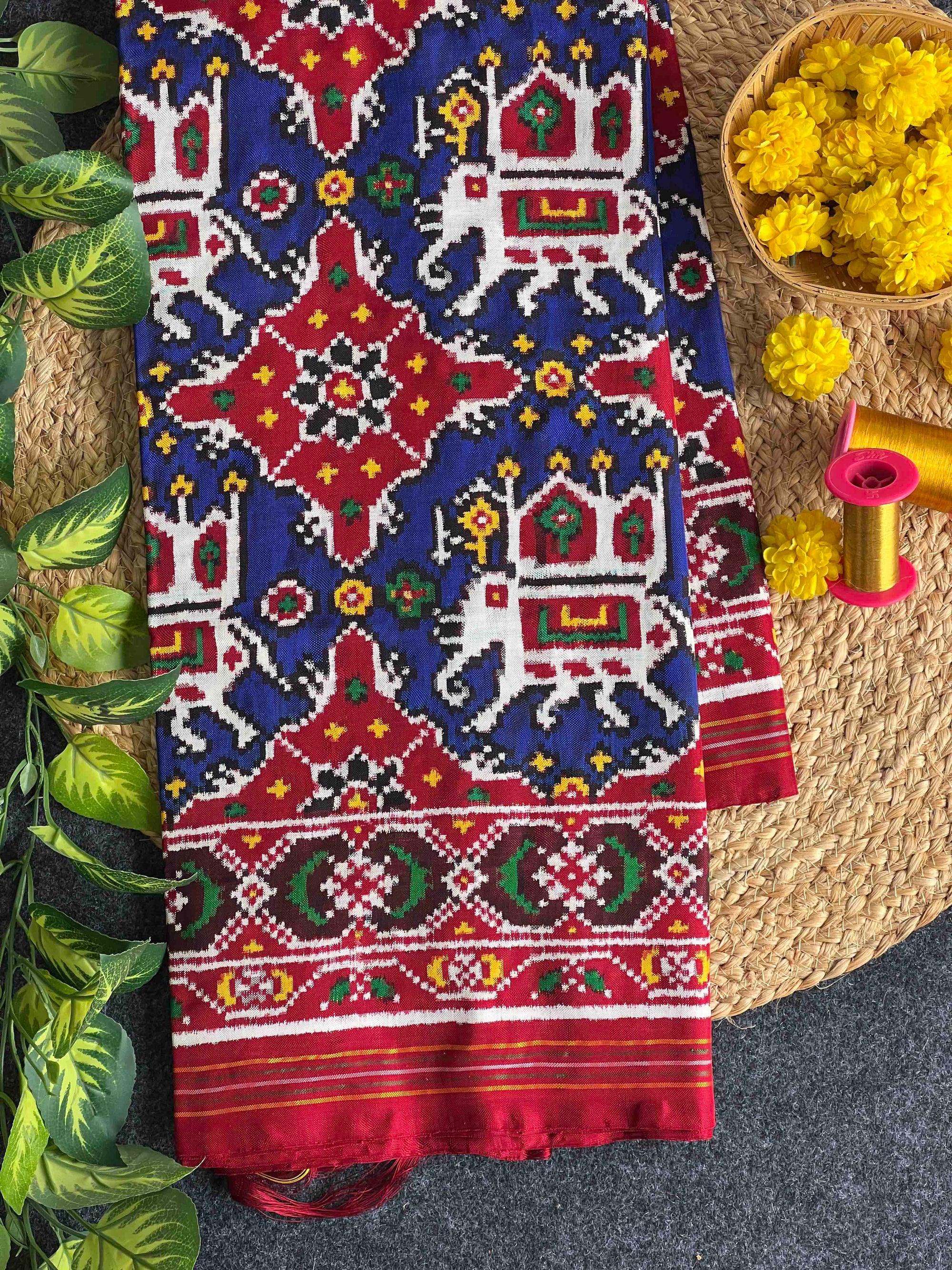 Blue & Red Chabdi Elephent Design Pure Hand Woven Double Ikat Patola Silk Saree