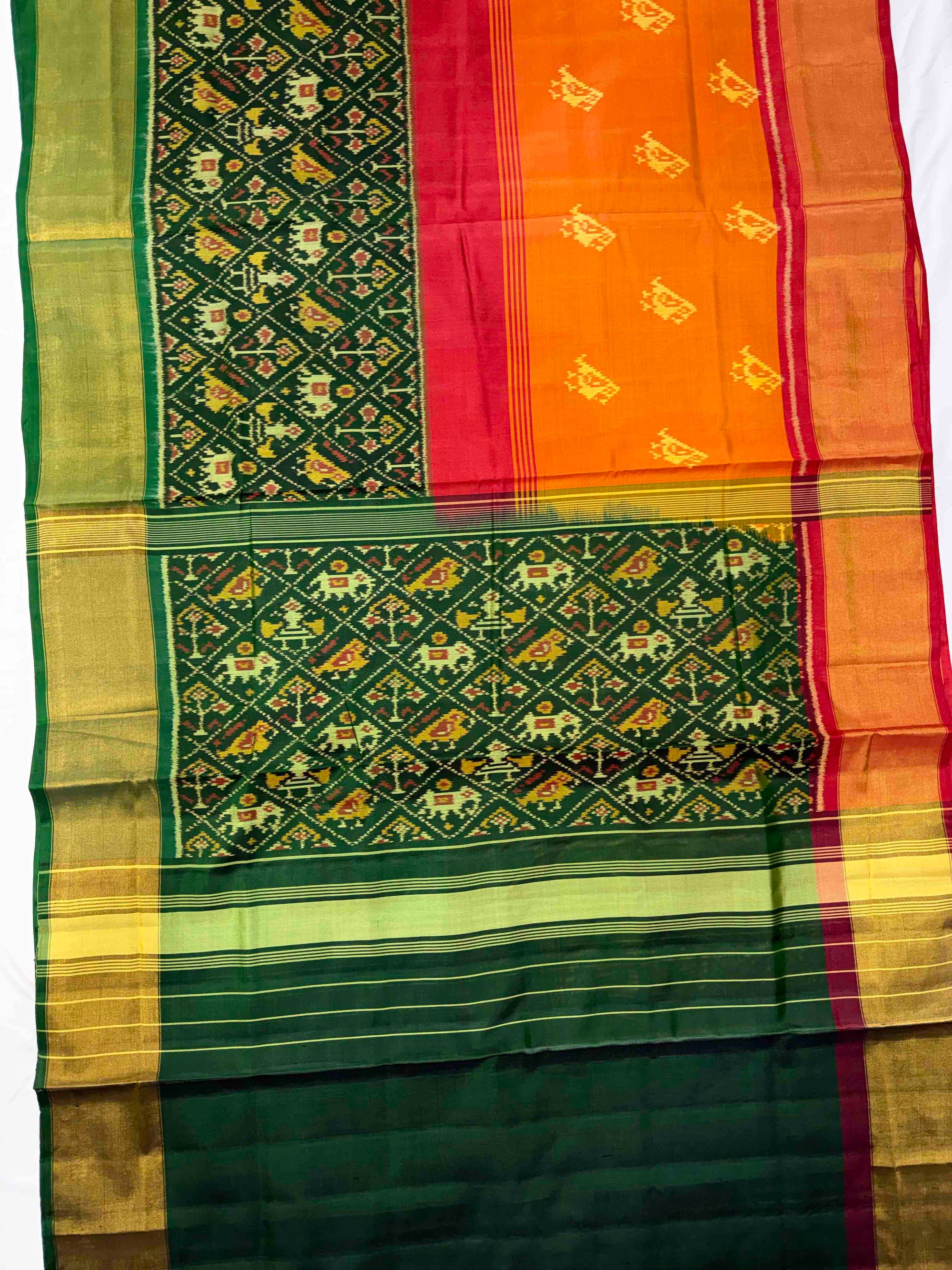 Green Narikunj Skirt With Yellow Red Body Hand Woven Rajkot Patola Silk Saree