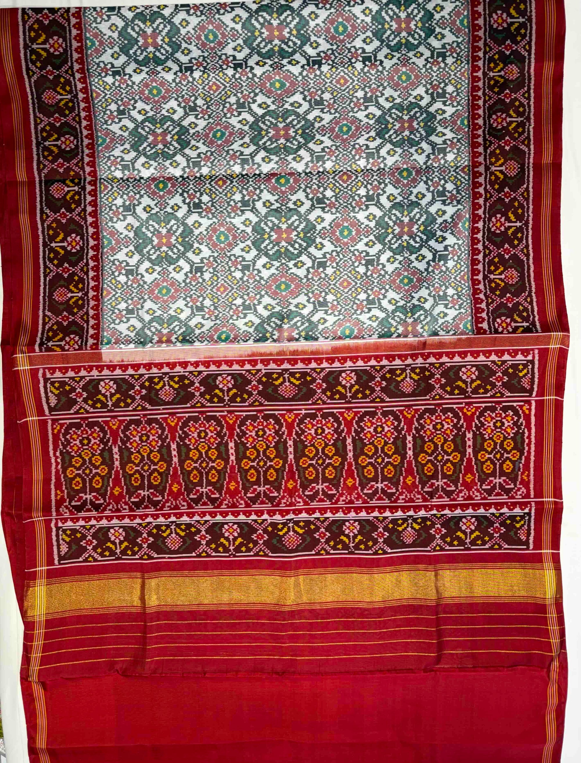 White & Red Navratan Design Hand Woven Ikat Patola Silk Saree