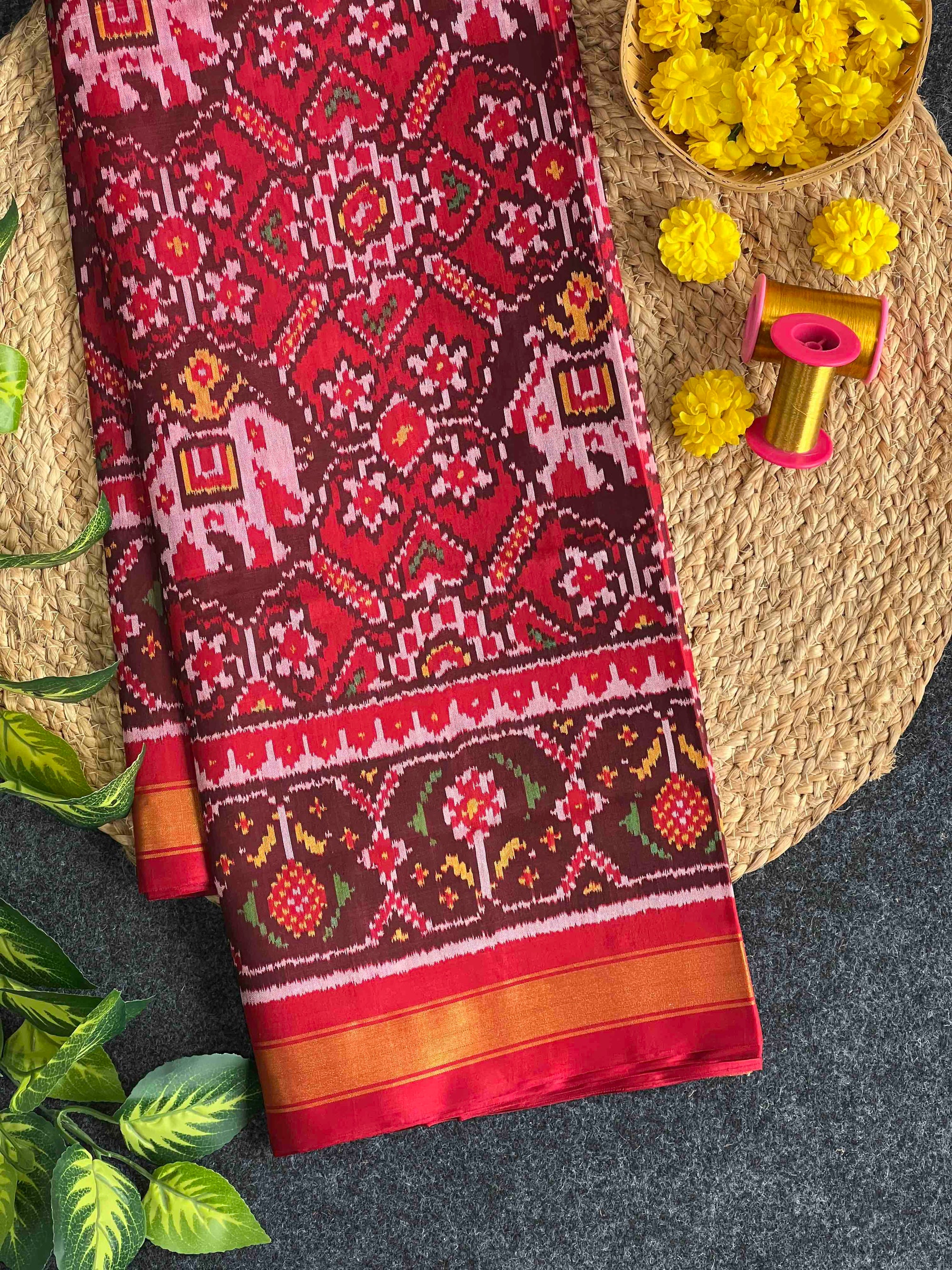 Red With Maroon Elephent Hand Woven Rajkot Patola Silk Saree