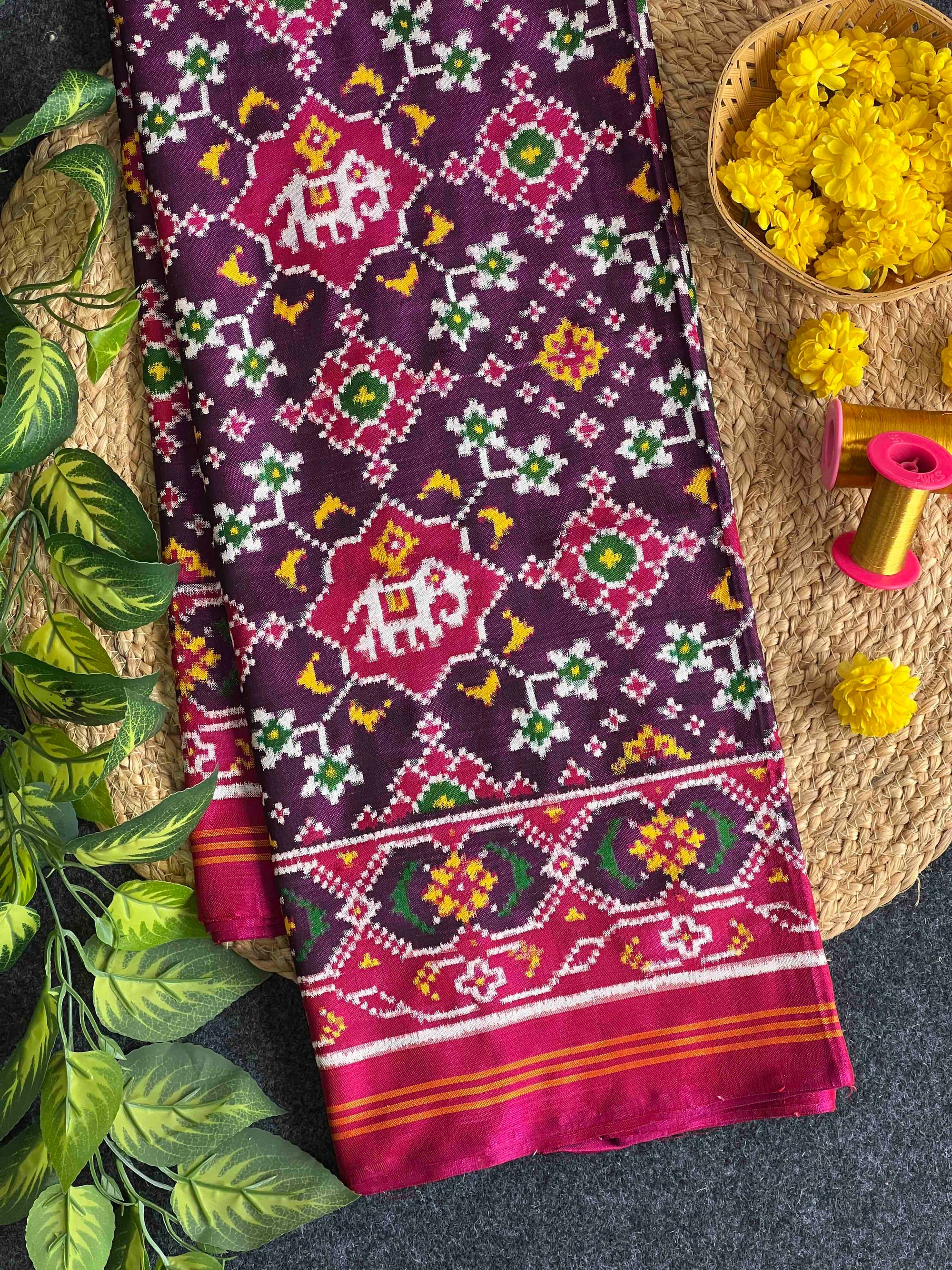Purple & Pink Navratan With Elephent Design Pure Hand Woven Double Ikat Patola Silk Saree
