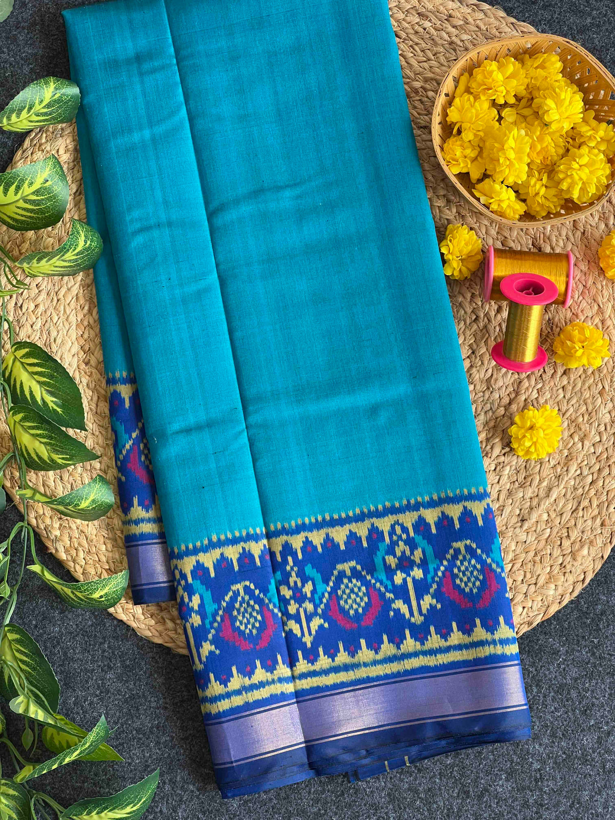 Sky Blue With Blue Gala Border Design Hand Woven Rajkot Patola Silk Saree