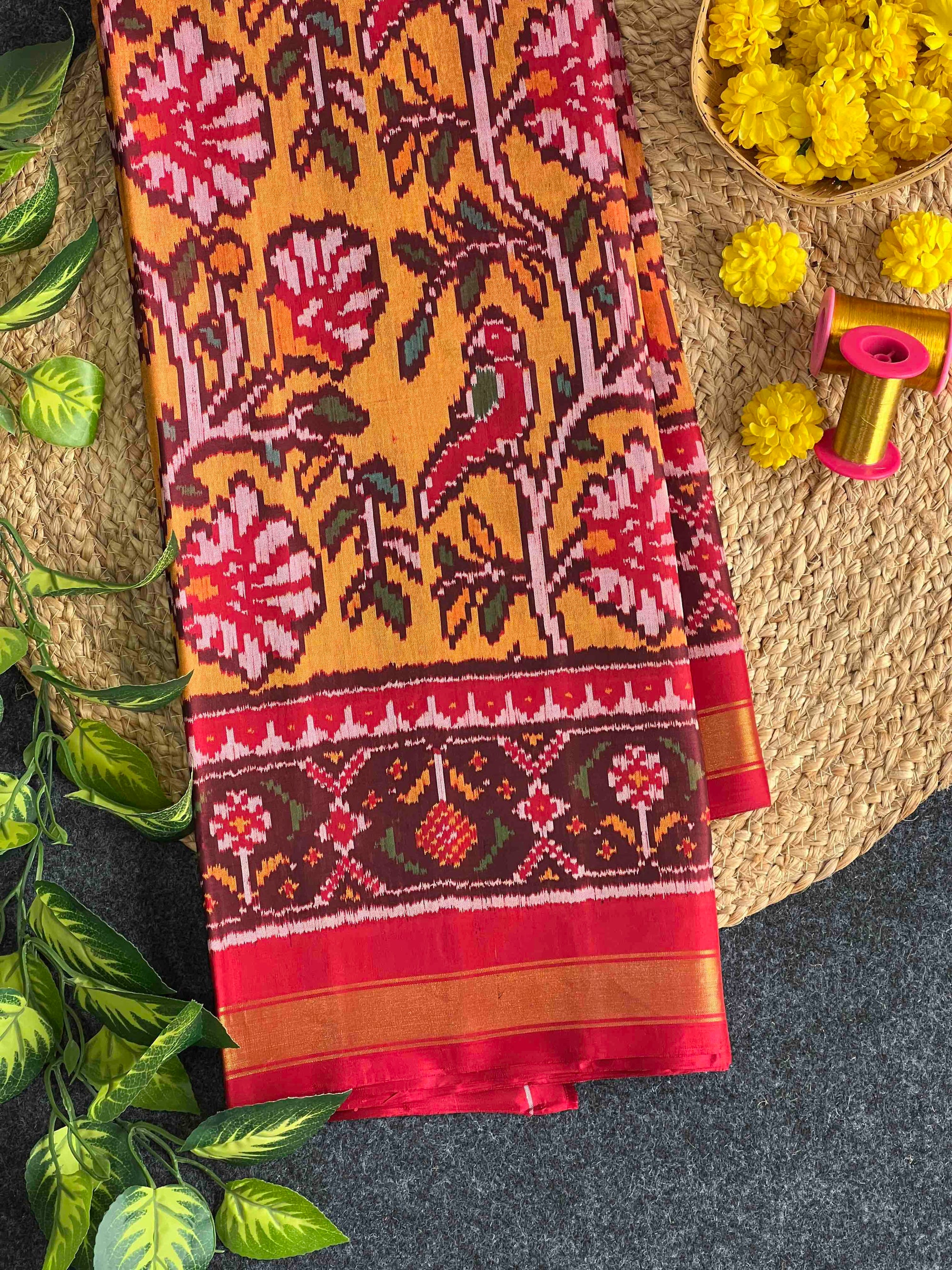 Musturd Yellow With Maroon Fancy Hand Woven Rajkot Patola Silk Saree