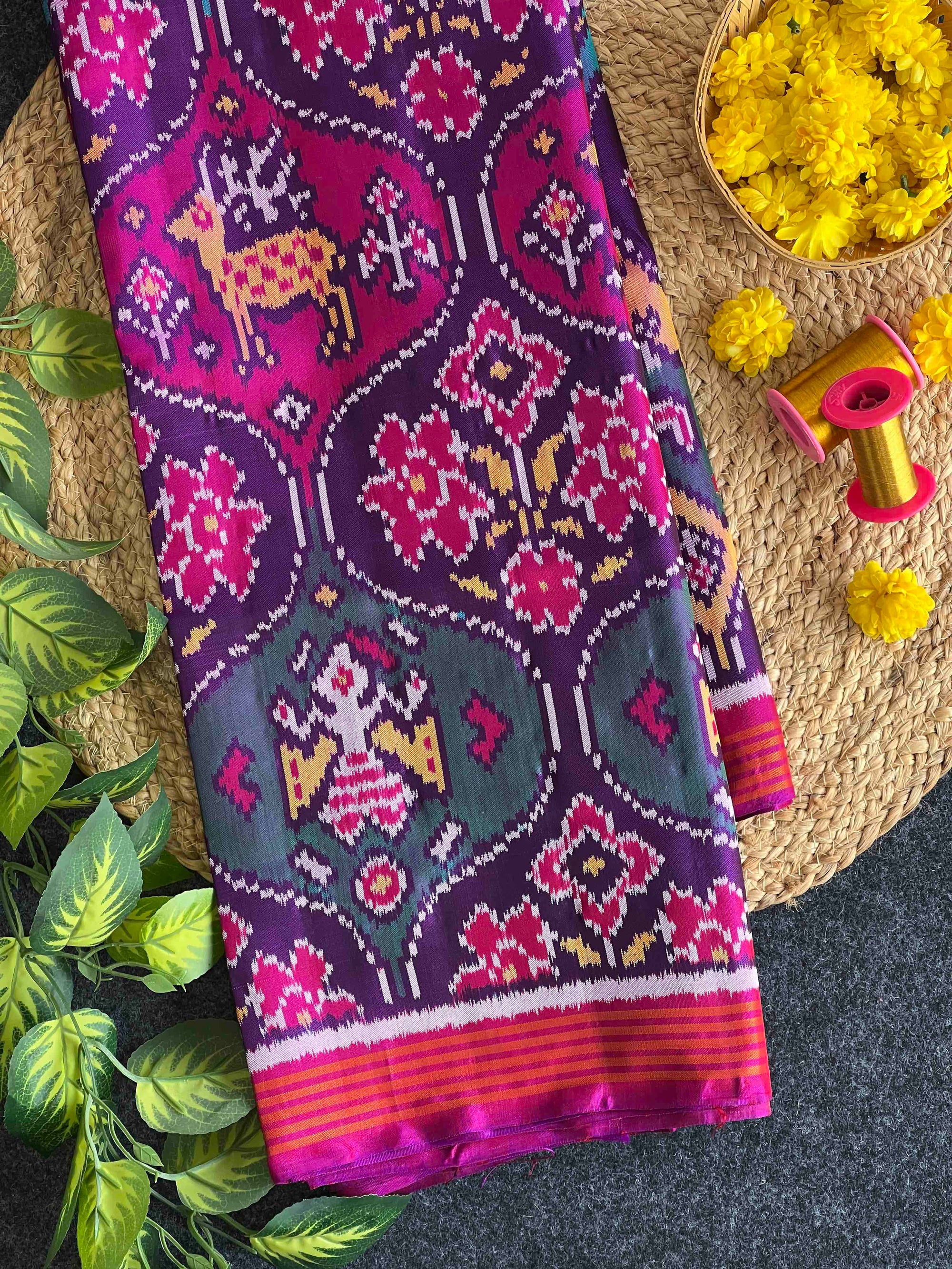 Purple Multi Big Motifs Hand Woven Rajkot Ikat Patola Silk Saree