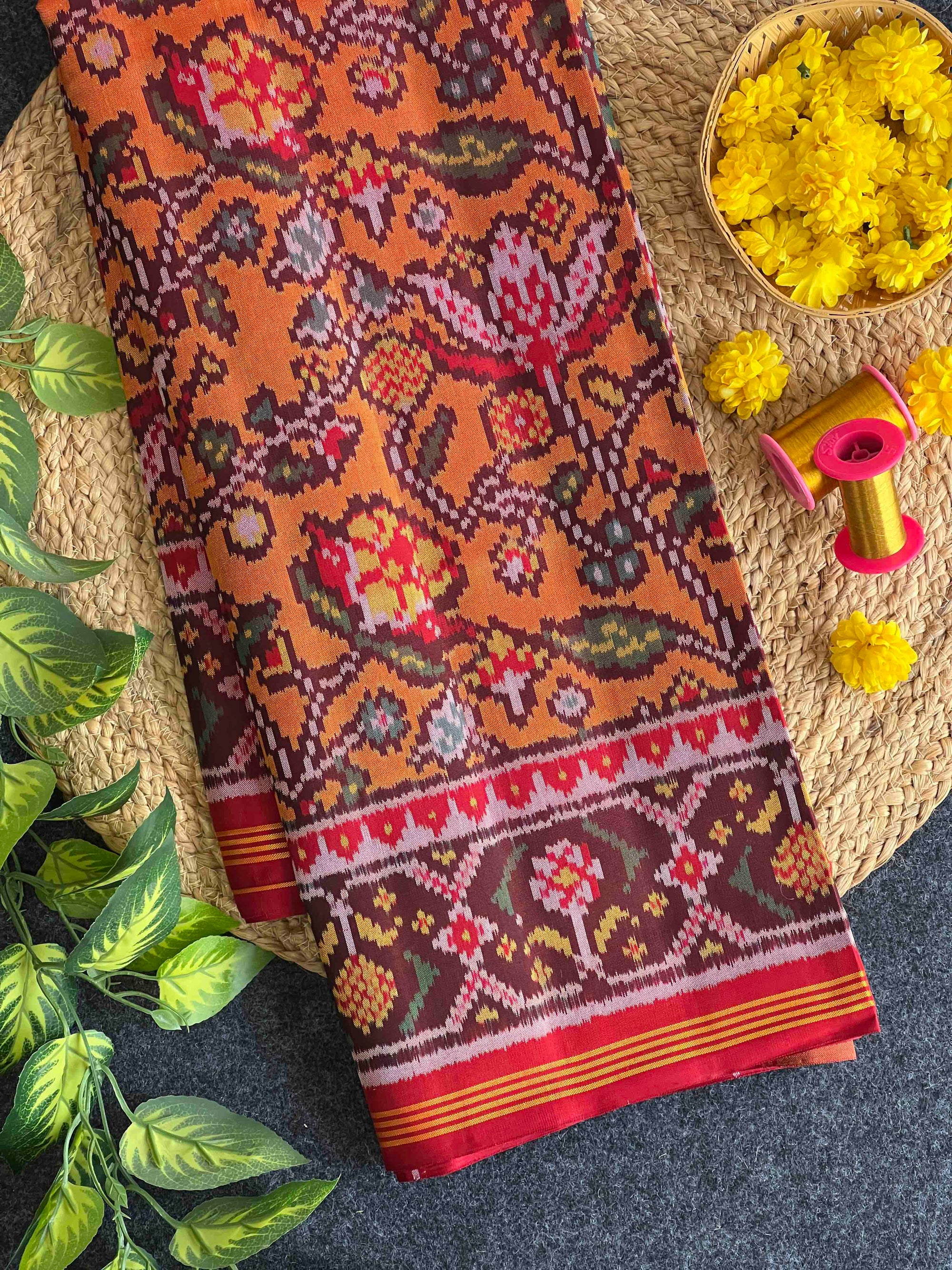Orange & Red Hand Woven Rajkot Ikat Patola Silk Saree