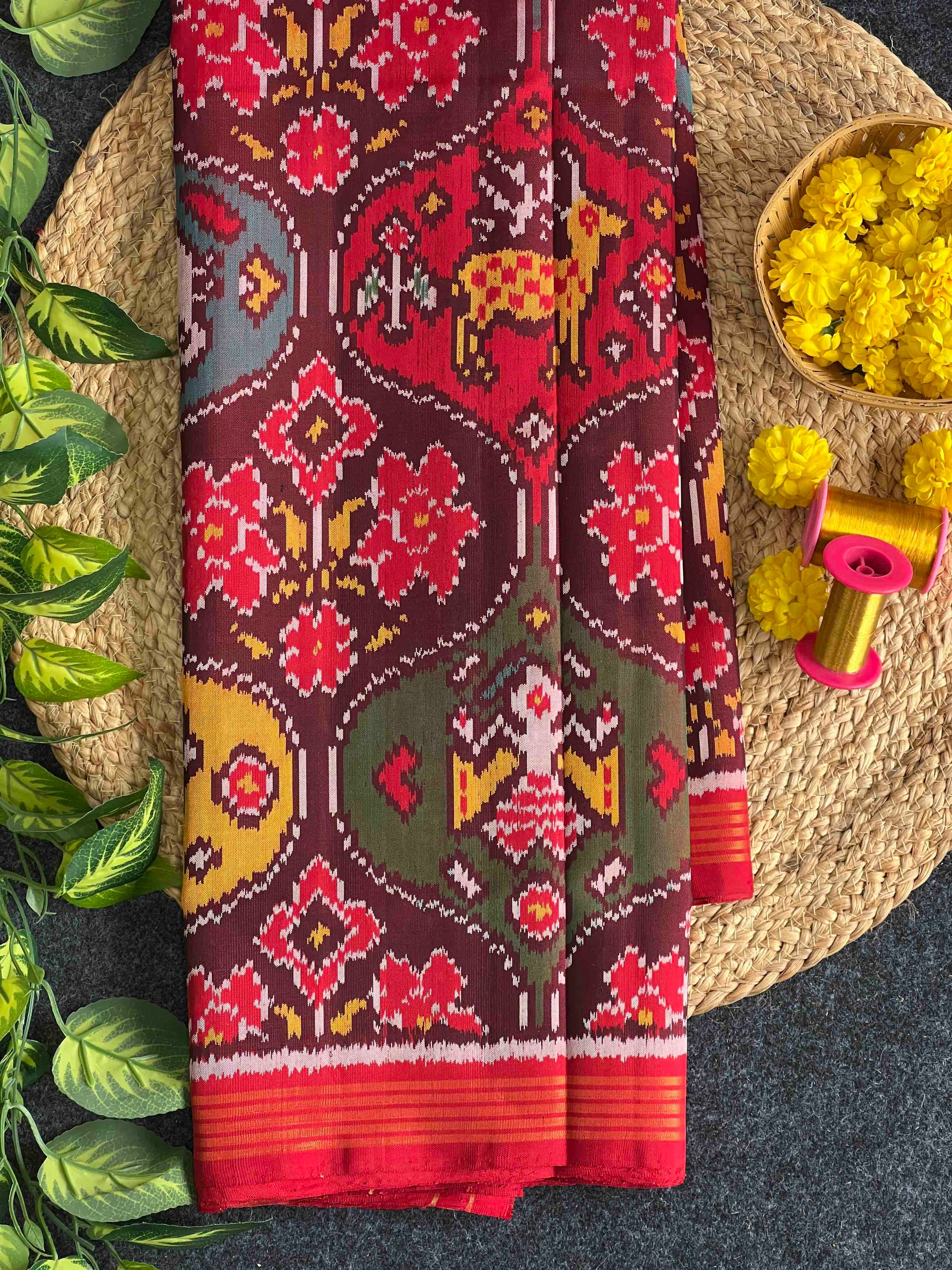 Red With Multi Big Motifs Hand Woven Rajkot Ikat Patola Silk Saree