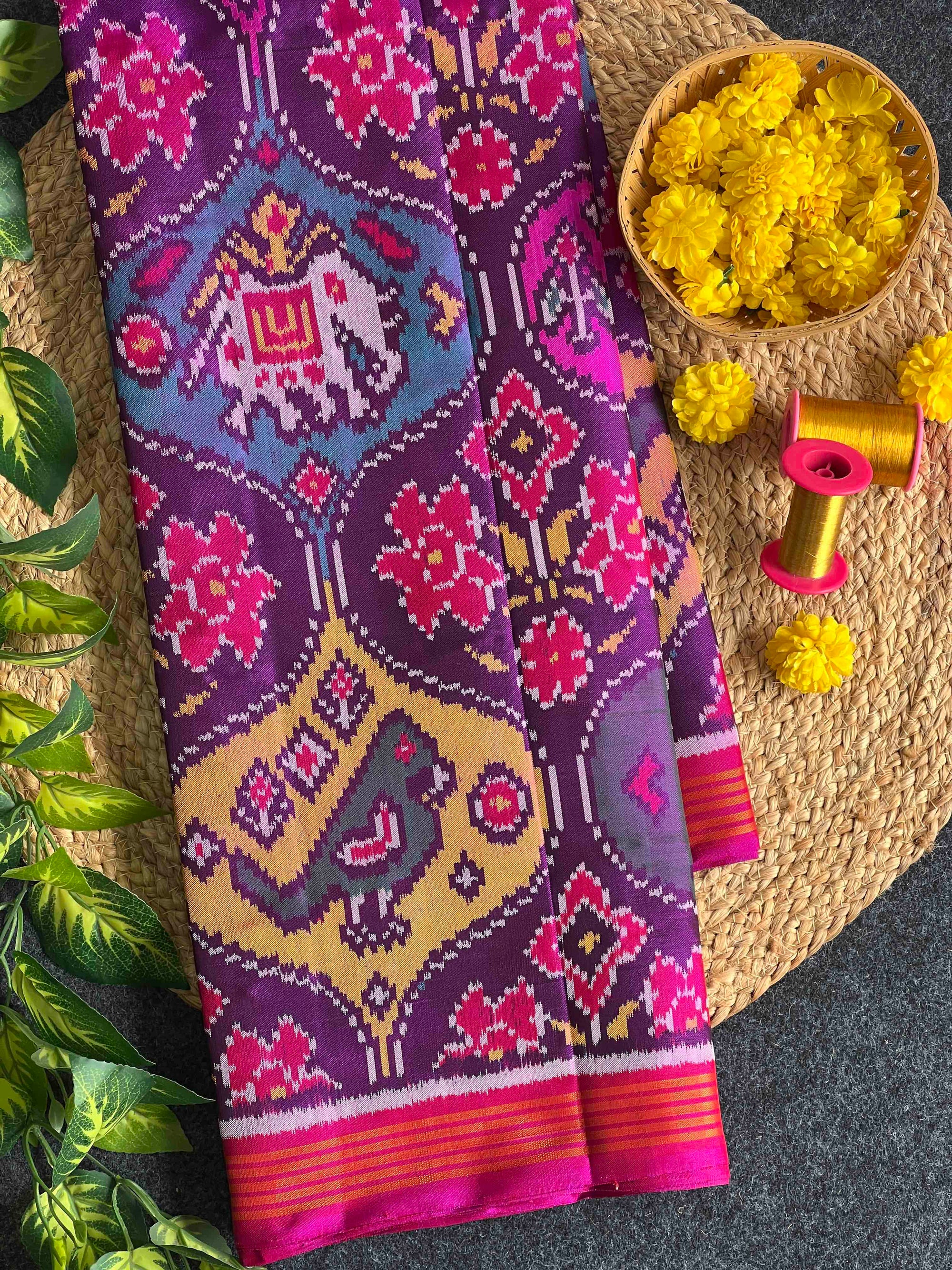 Purple & Pink Multi Big Motifs Hand Woven Rajkot Ikat Patola Silk Saree