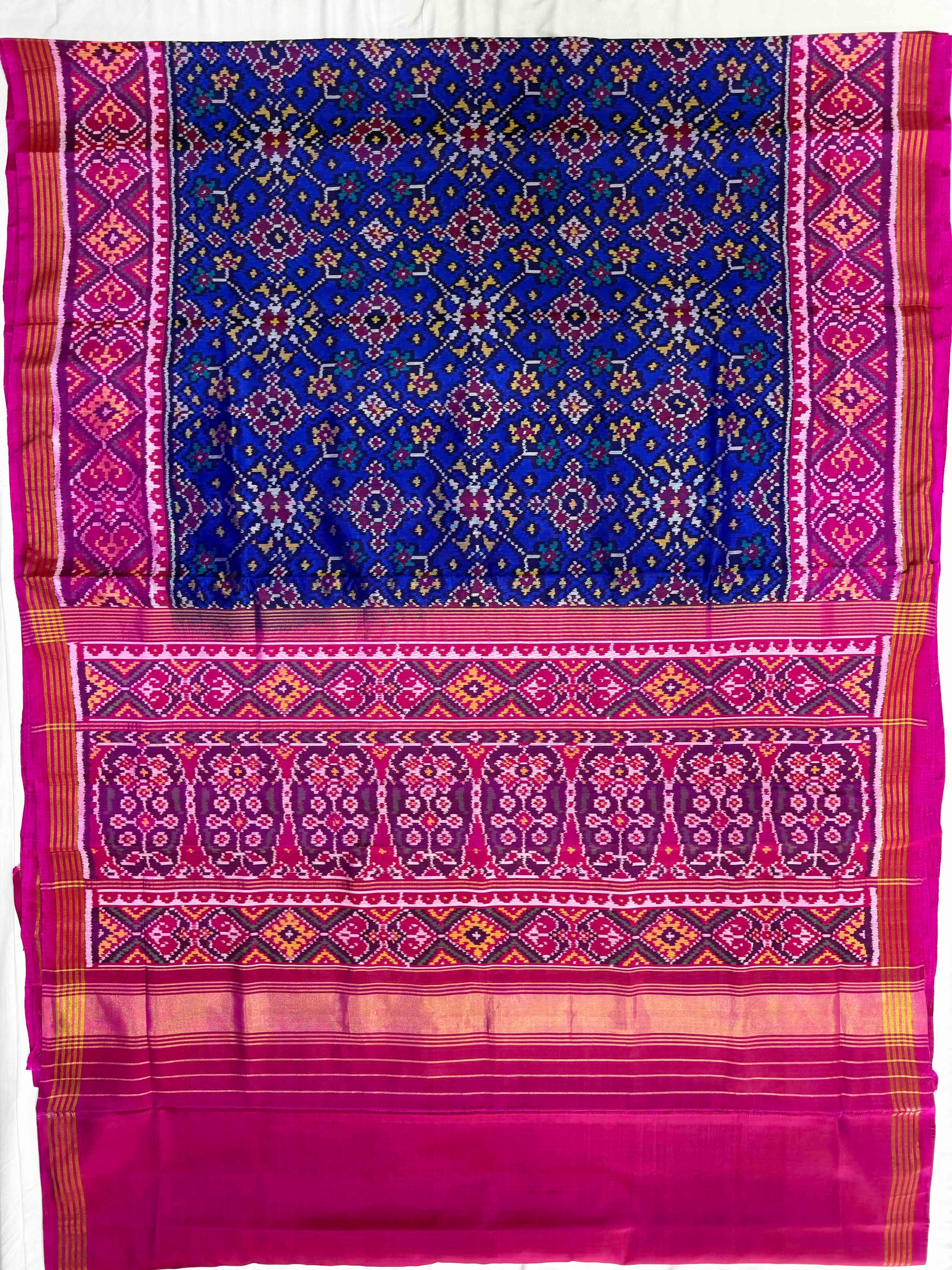 Blue & Pink Navratan Design Rajkot Ikat Patola Silk Saree