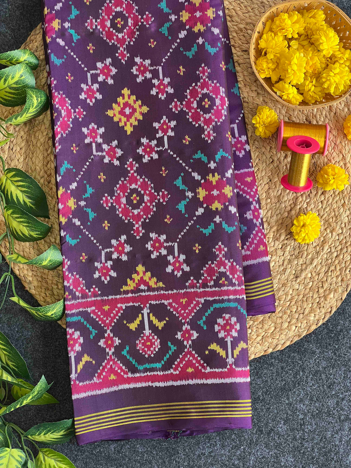 Dark Purple Navratan Design Hand Woven Rajkot Ikat Patola Silk Saree