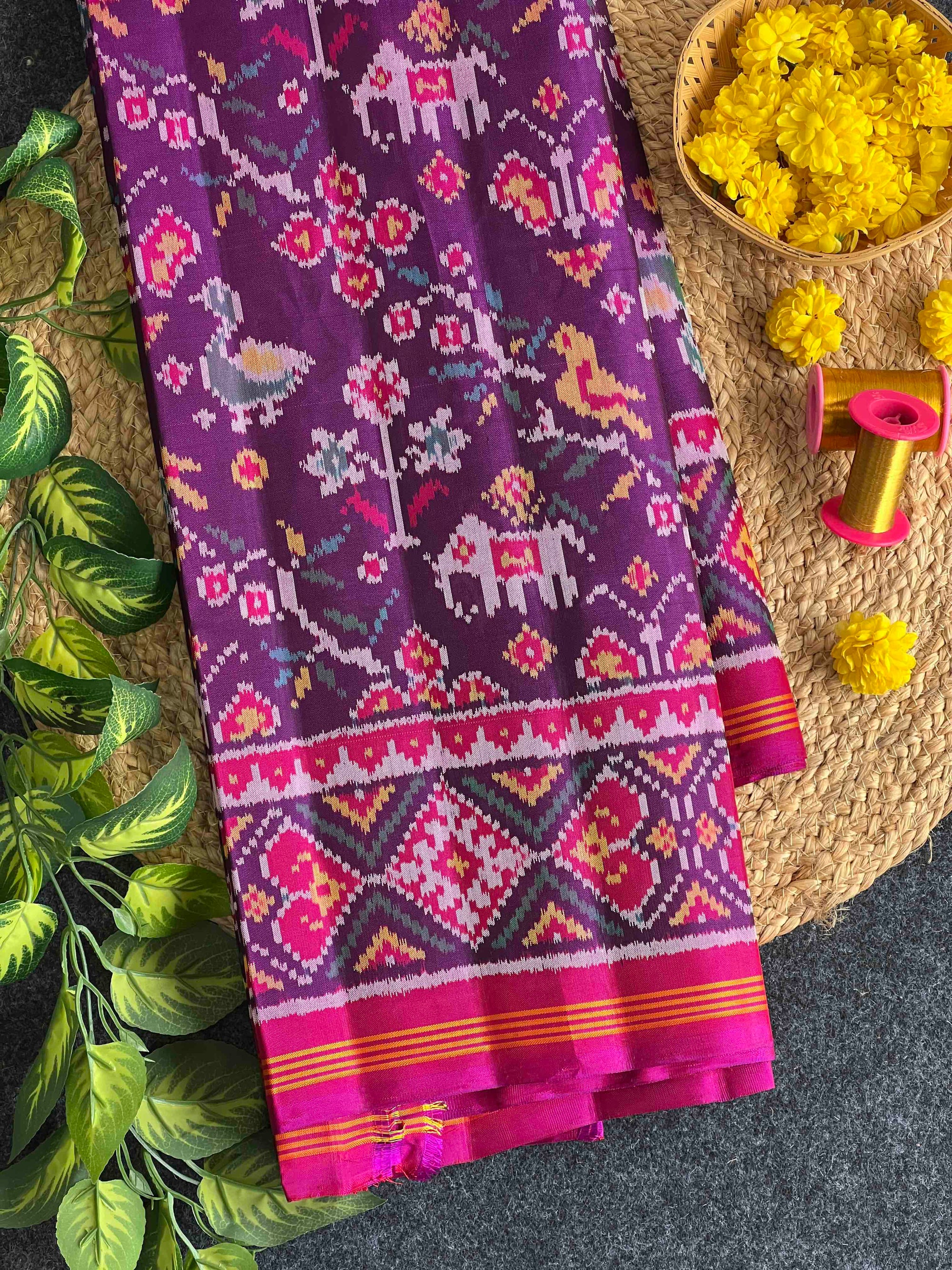 Purple Small Laheriya Motifs Hand Woven Rajkot Ikat Patola Silk Saree