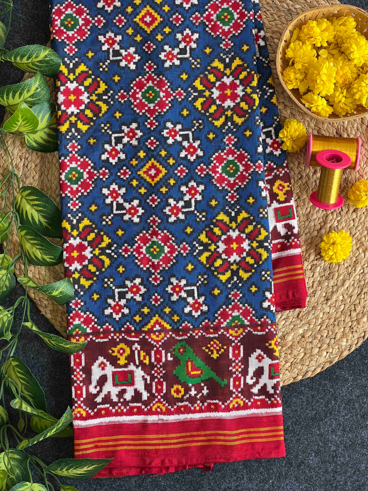 Blue And Maroon Navratan Design Pure Hand Woven Double Ikat Patola Silk Saree