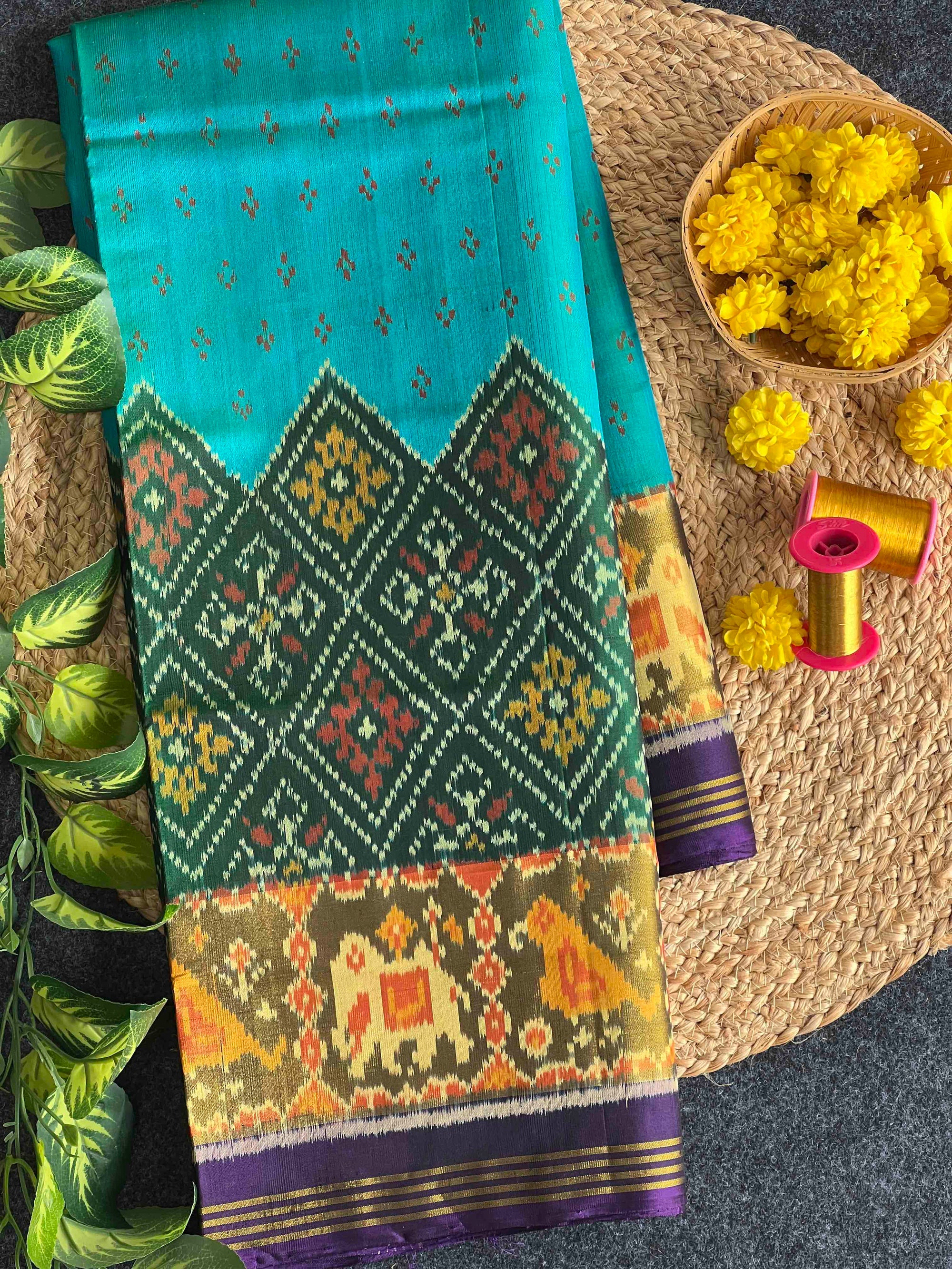 Sky Blue , Green And Purple Skirt Border Hand Woven Rajkot Patola Silk Saree