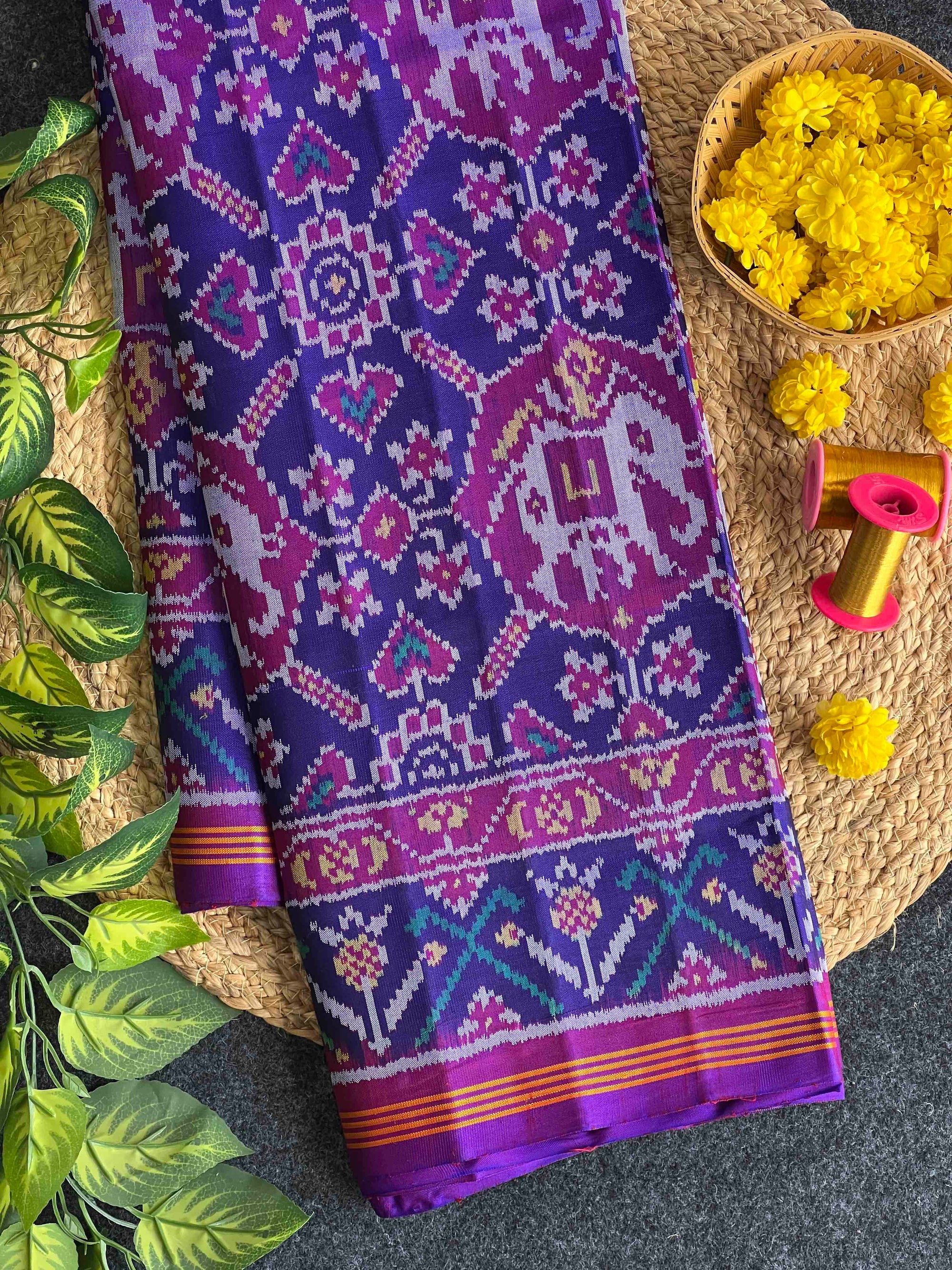 Blue & Purple Hand Woven Rajkot Ikat Patola Silk Saree