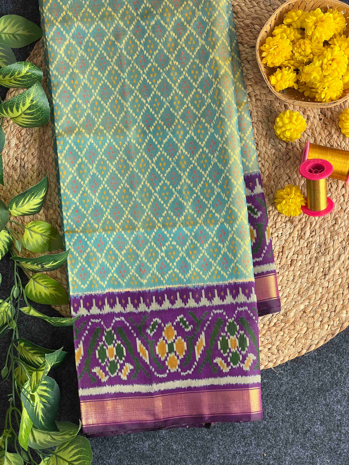 Sky Blue With Purple Hand Woven Rajkot Patola Silk Saree