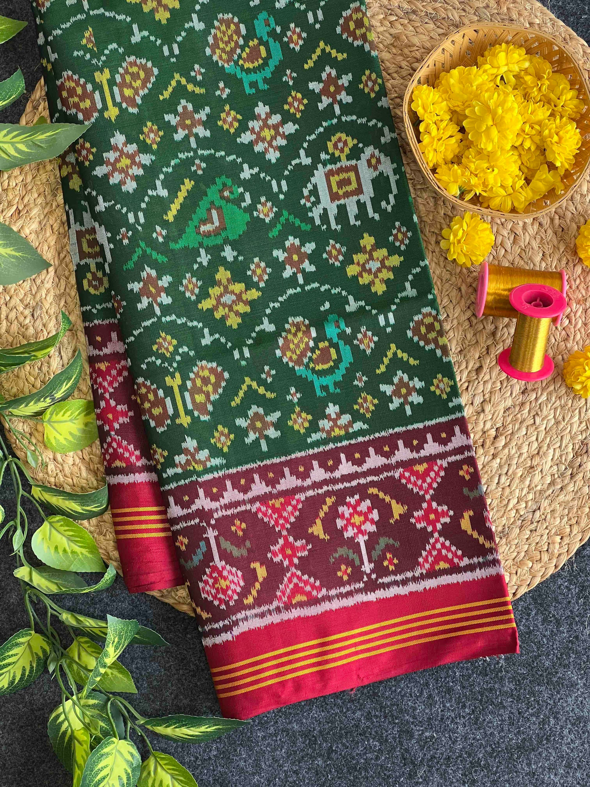 Green And Red Maroon Small Motifs Design Hand Woven Rajkot Ikat Patola Silk Saree