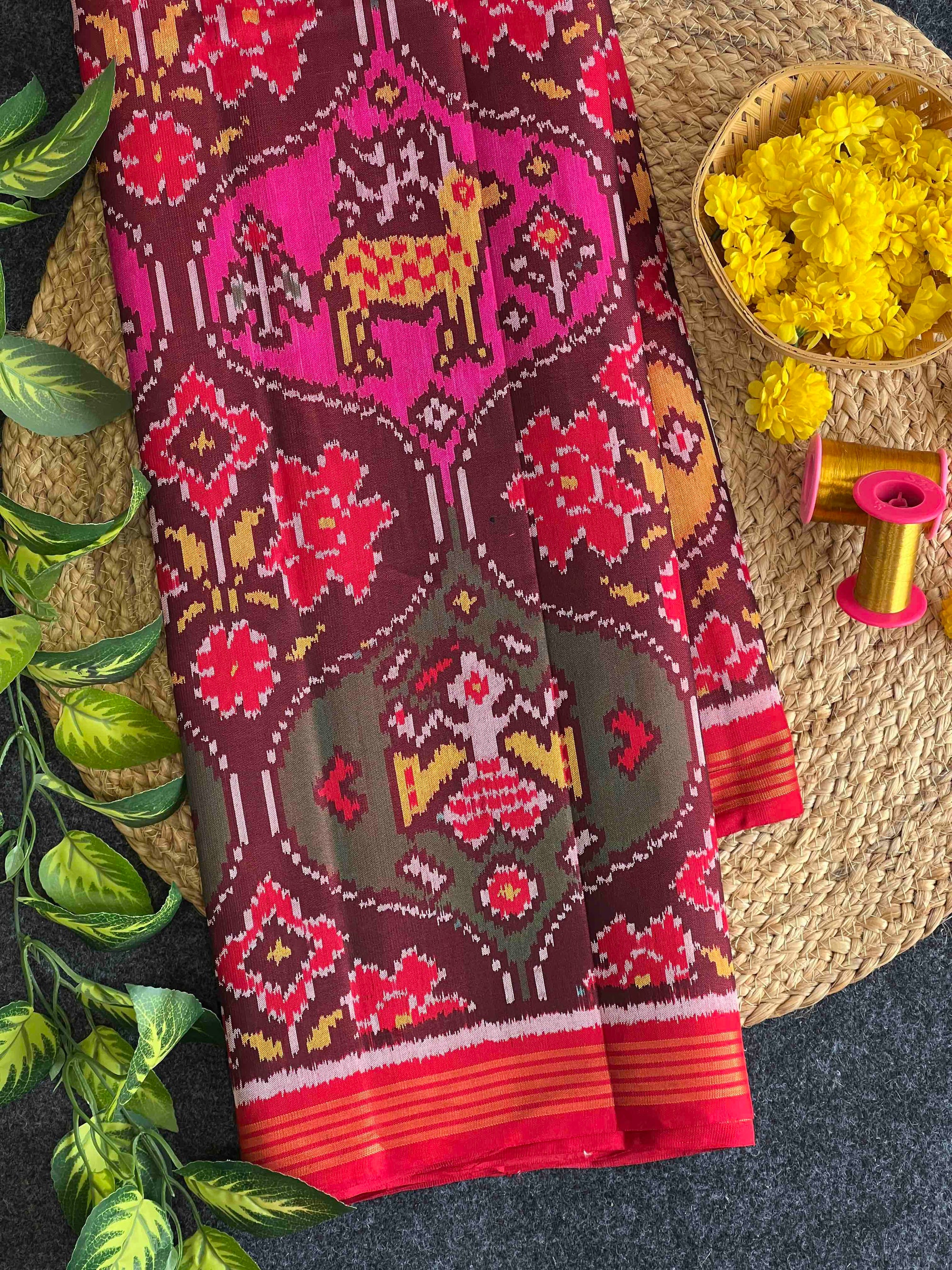 Multi Round Big Motifs Design Hand Woven Rajkot Ikat Patola Silk Saree