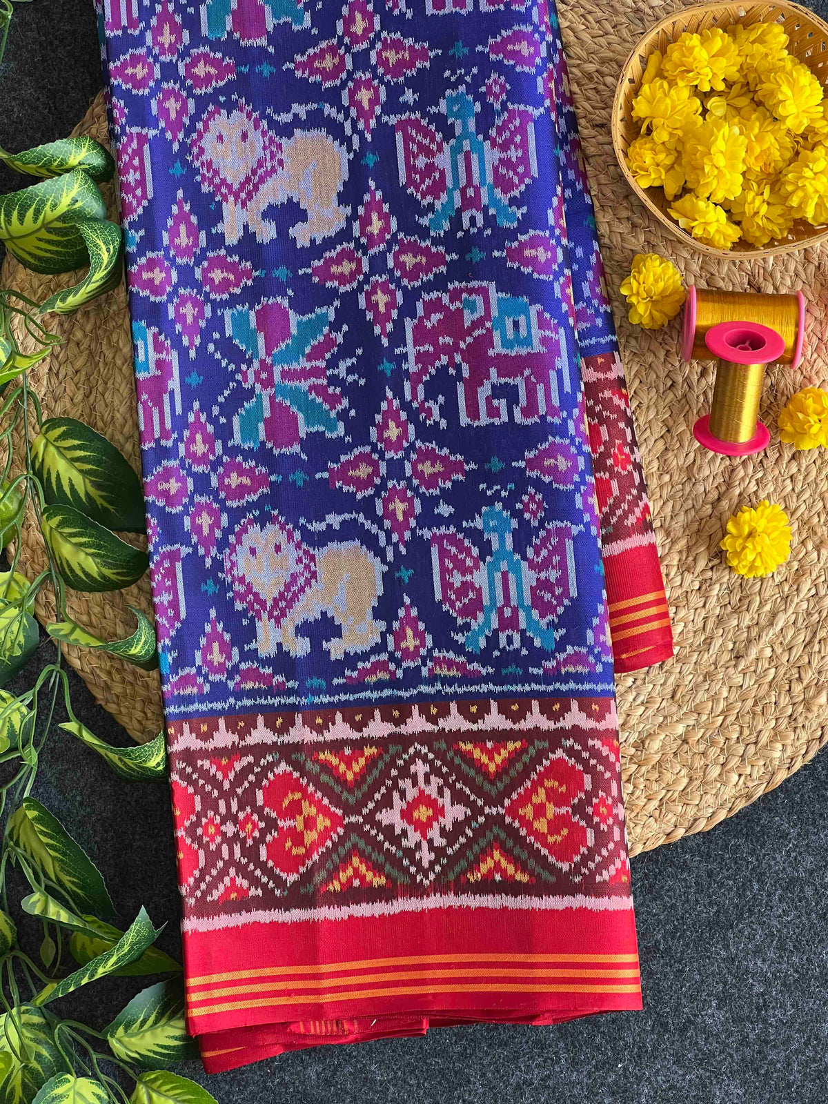 Blue And Red Small Motifs Design Hand Woven Rajkot Ikat Patola Silk Saree