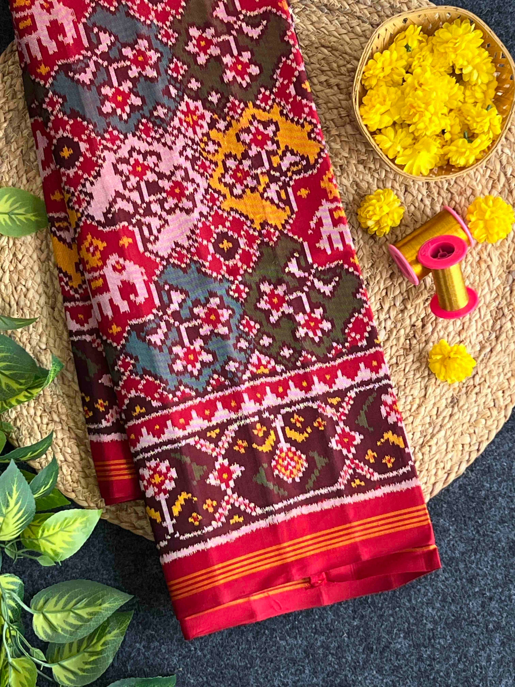 Multi With Red Hand Woven Rajkot Ikat Patola Silk Saree