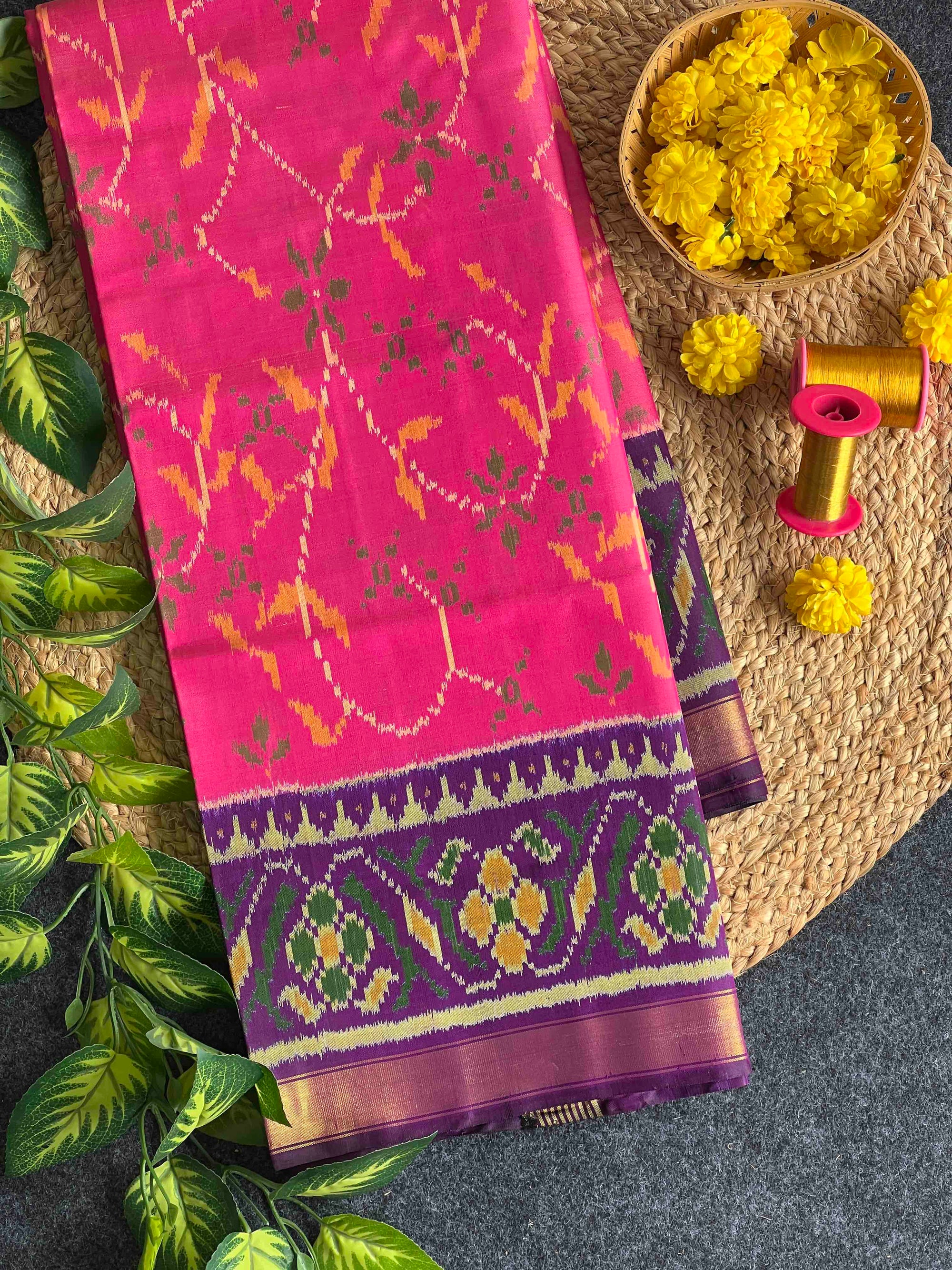 Pink & Dark Purple Fancy Hand Woven Rajkot Patola Silk Saree