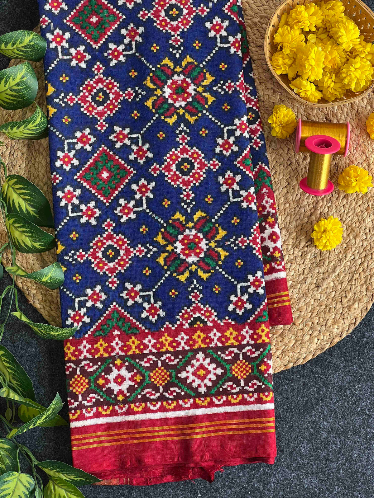 Blue And Red Navratan Design Pure Hand Woven Double Ikat Patola Silk Saree