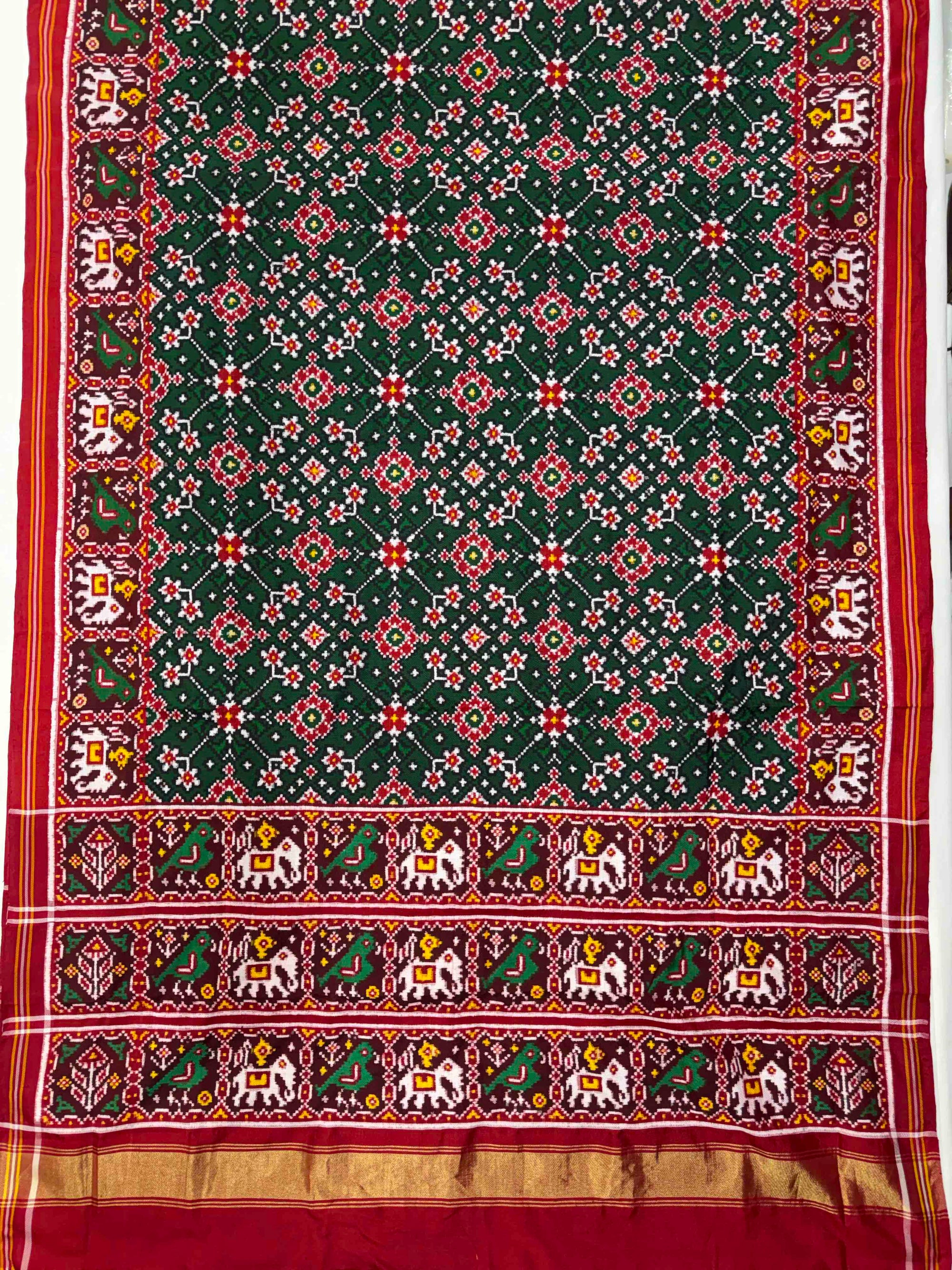 Green & Red Navratan Design Double Ikat Hand Woven Patola Silk Saree