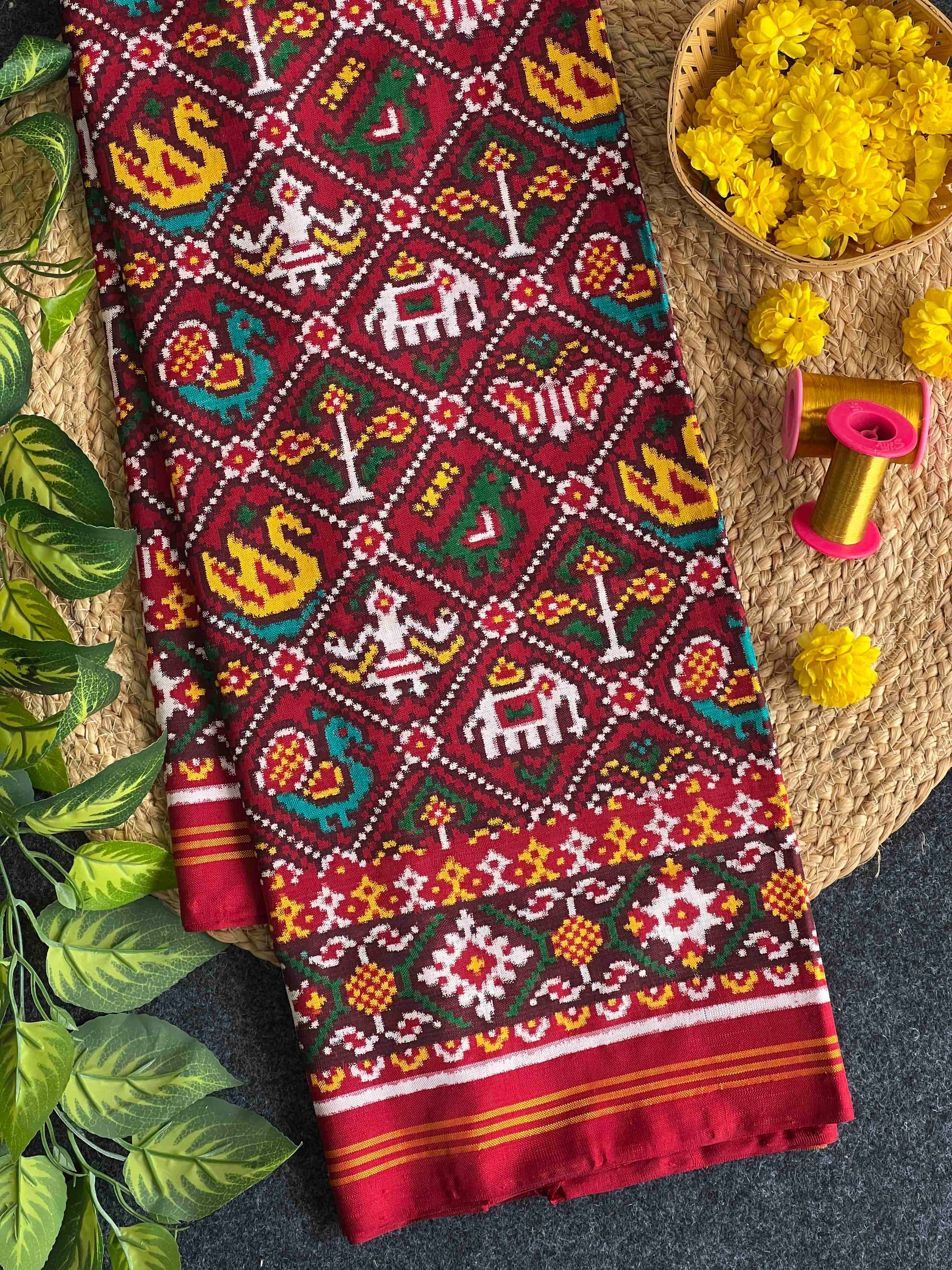 Red Narikunj Design Pure Hand Woven Double Ikat Patola Silk Saree